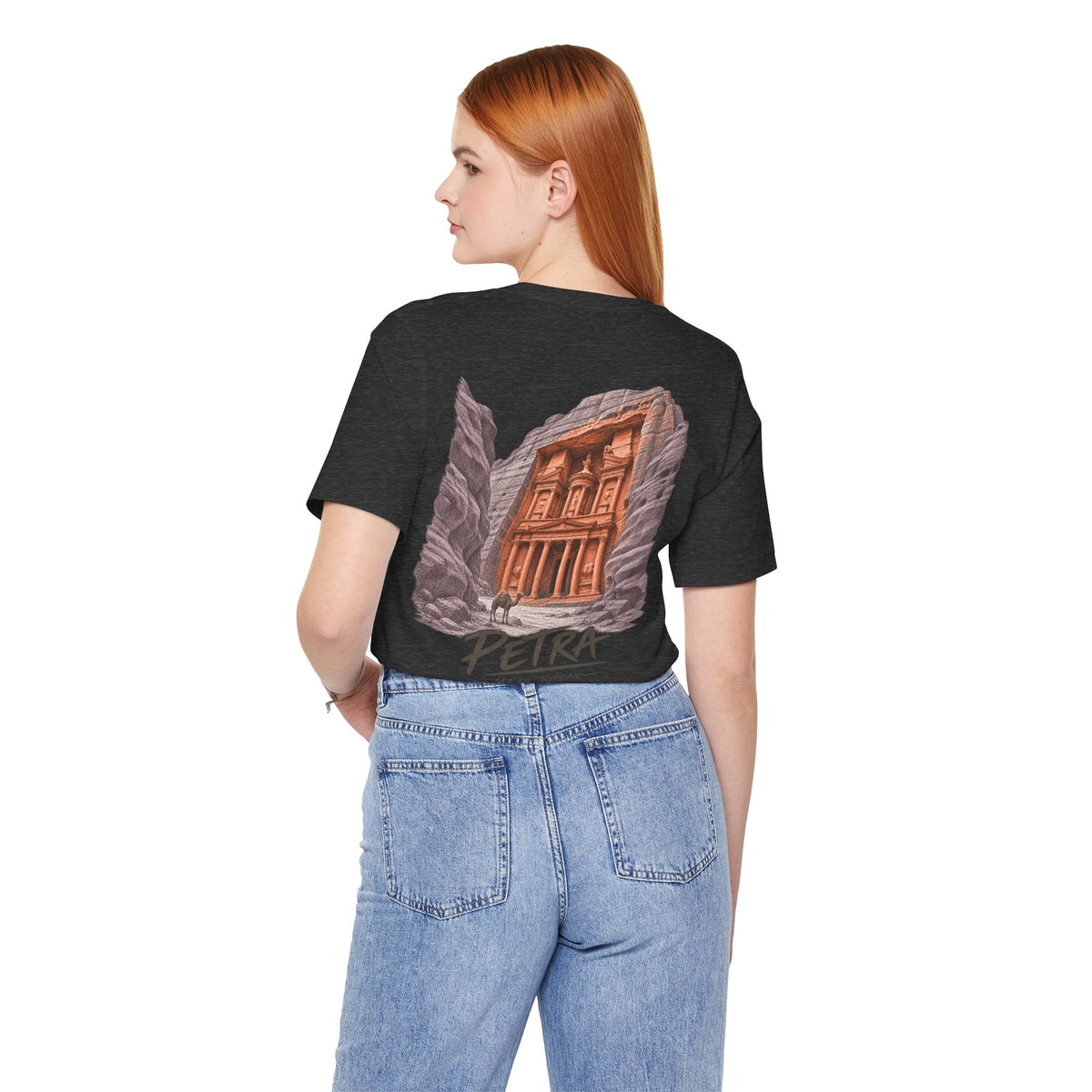 Black T-shirt on model showing large back Petra illustration print