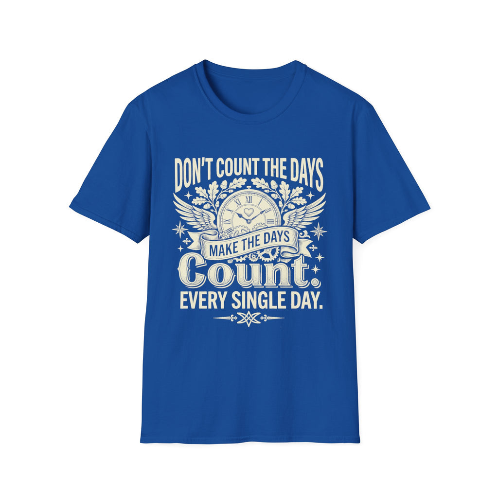 Royal blue graphic quote T-shirt with clock, wings, and text: “Make the days count.”