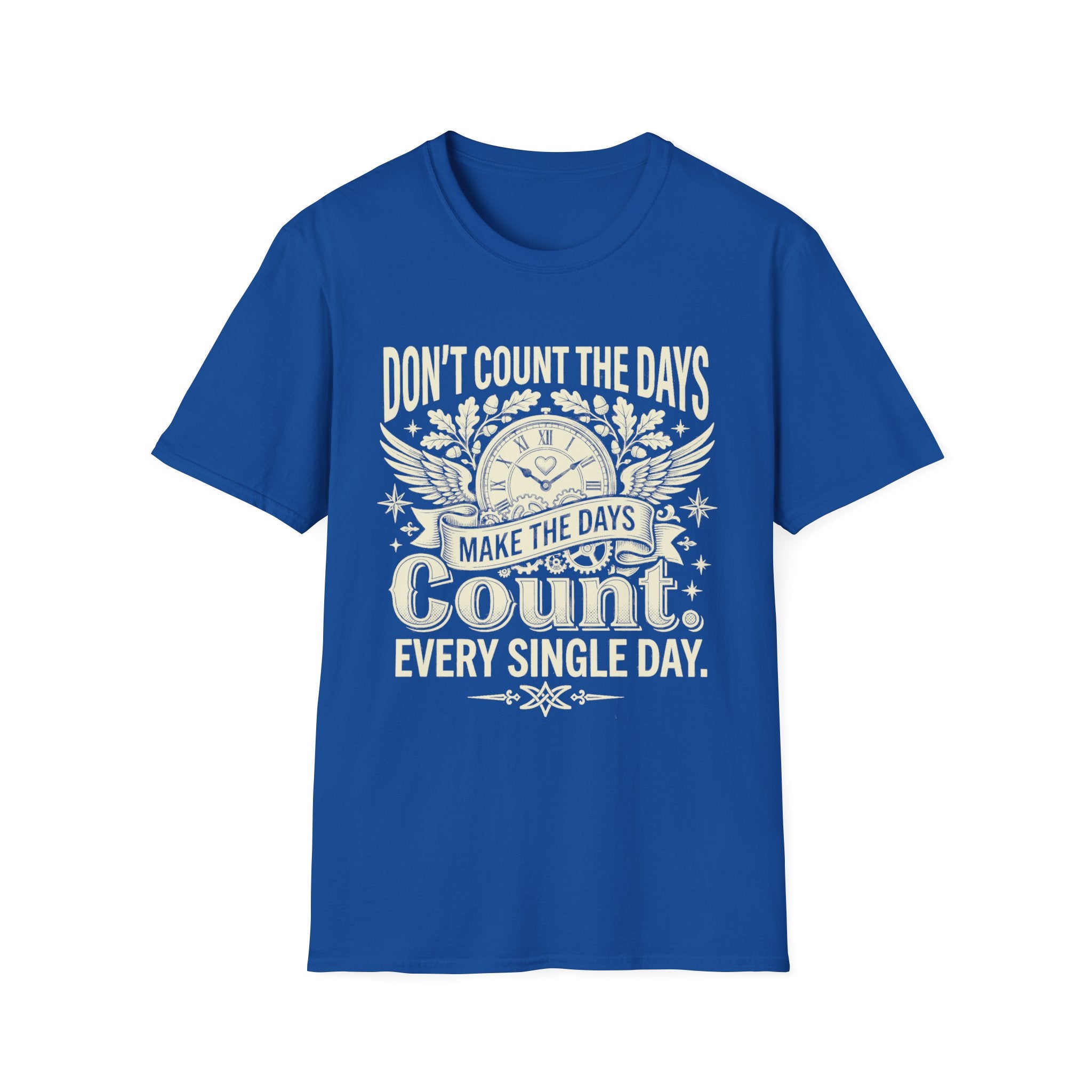 Royal blue graphic quote T-shirt with clock, wings, and text: “Make the days count.”