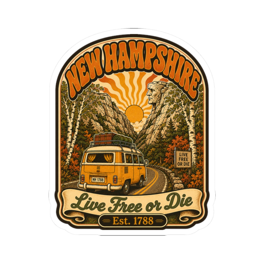 Kiss-cut New Hampshire vintage camper van sticker featuring pine trees, sunset, and “Live Free or Die”