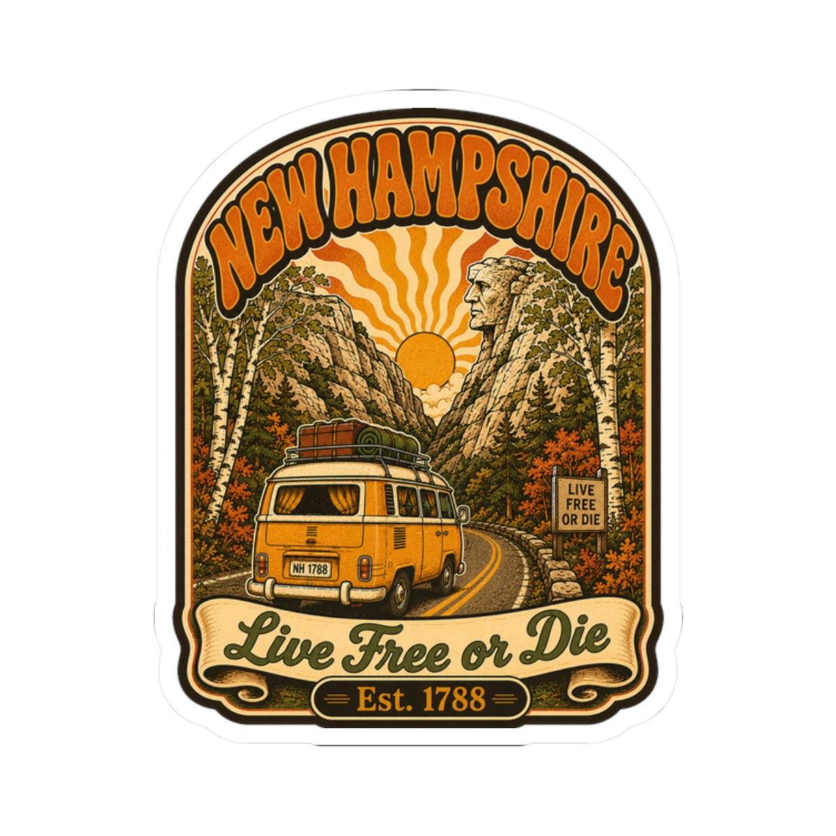Kiss-cut New Hampshire vintage camper van sticker featuring pine trees, sunset, and “Live Free or Die”