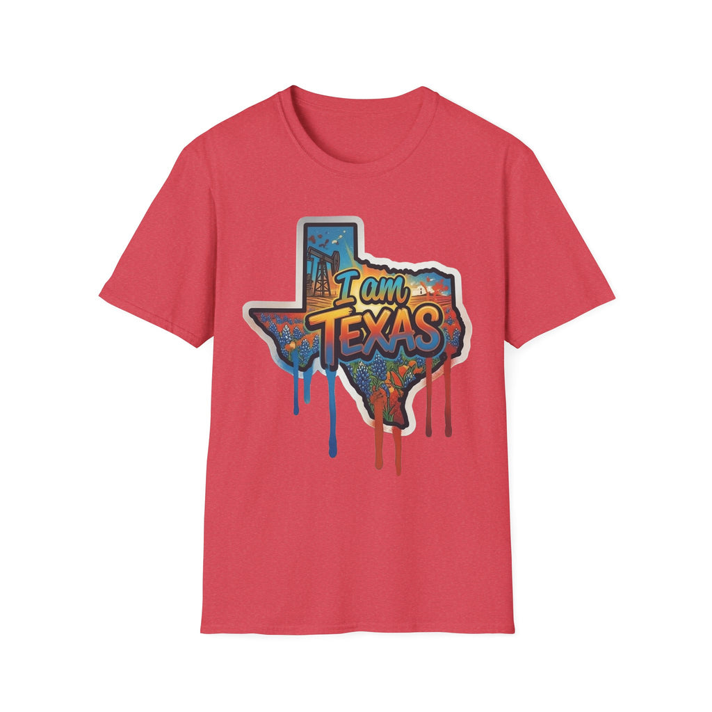 Red T-shirt with colorful I am Texas state outline graffiti graphic