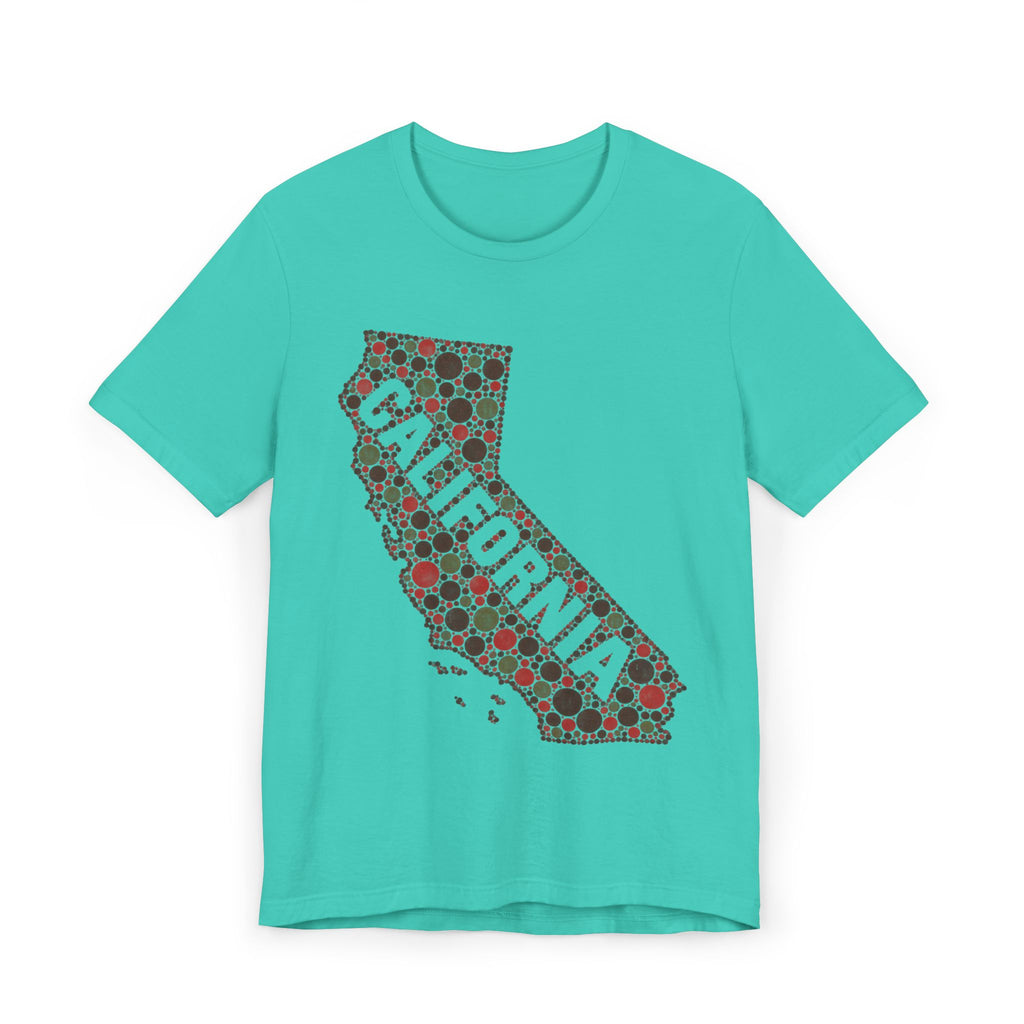 Teal T-shirt with California map outline graphic in red and white dots