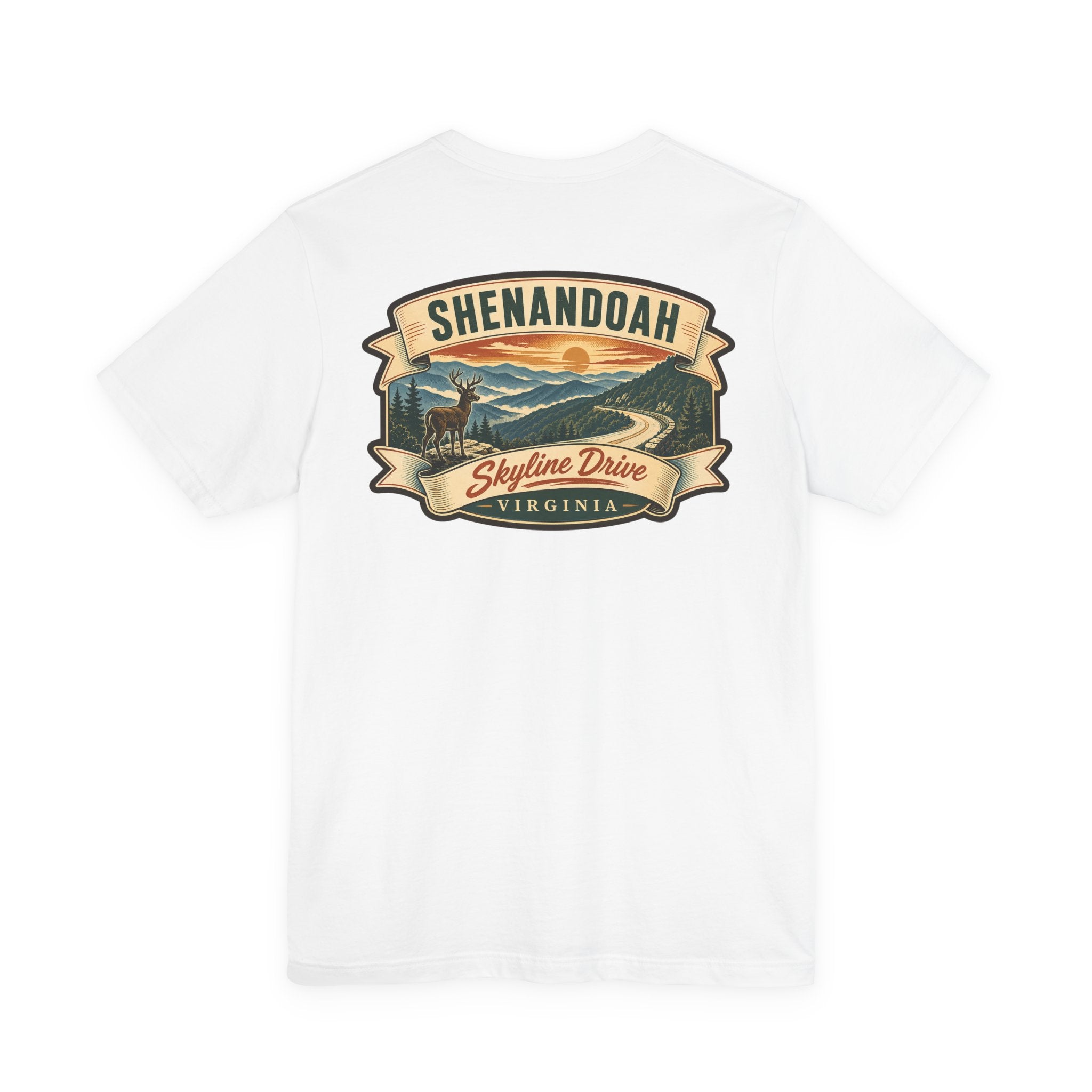 White crew-neck t-shirt with Shenandoah Skyline Drive ribbon graphic