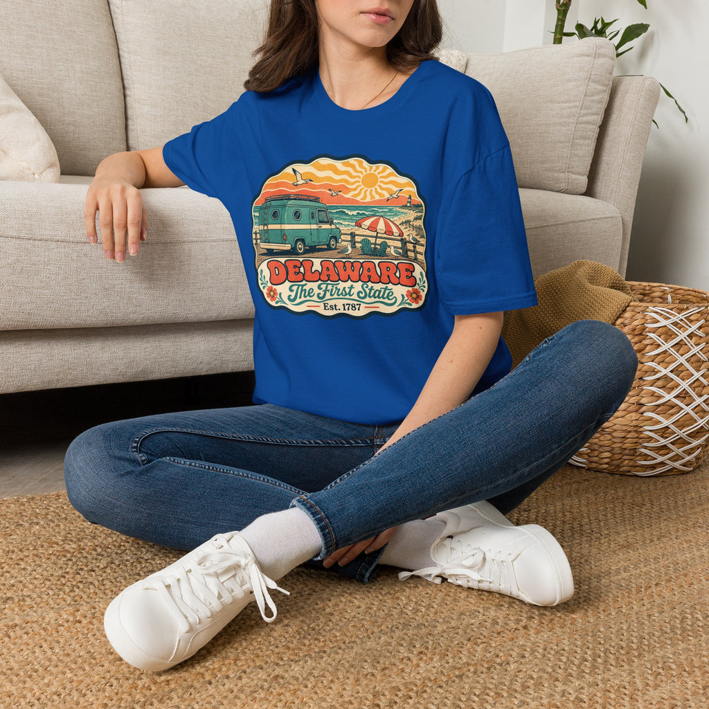 Unisex crew-neck T-shirt in royal blue with front vintage Delaware graphic