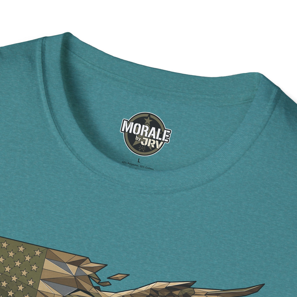 Teal T-shirt neckline with round “MORALe by JRIV” logo patch
