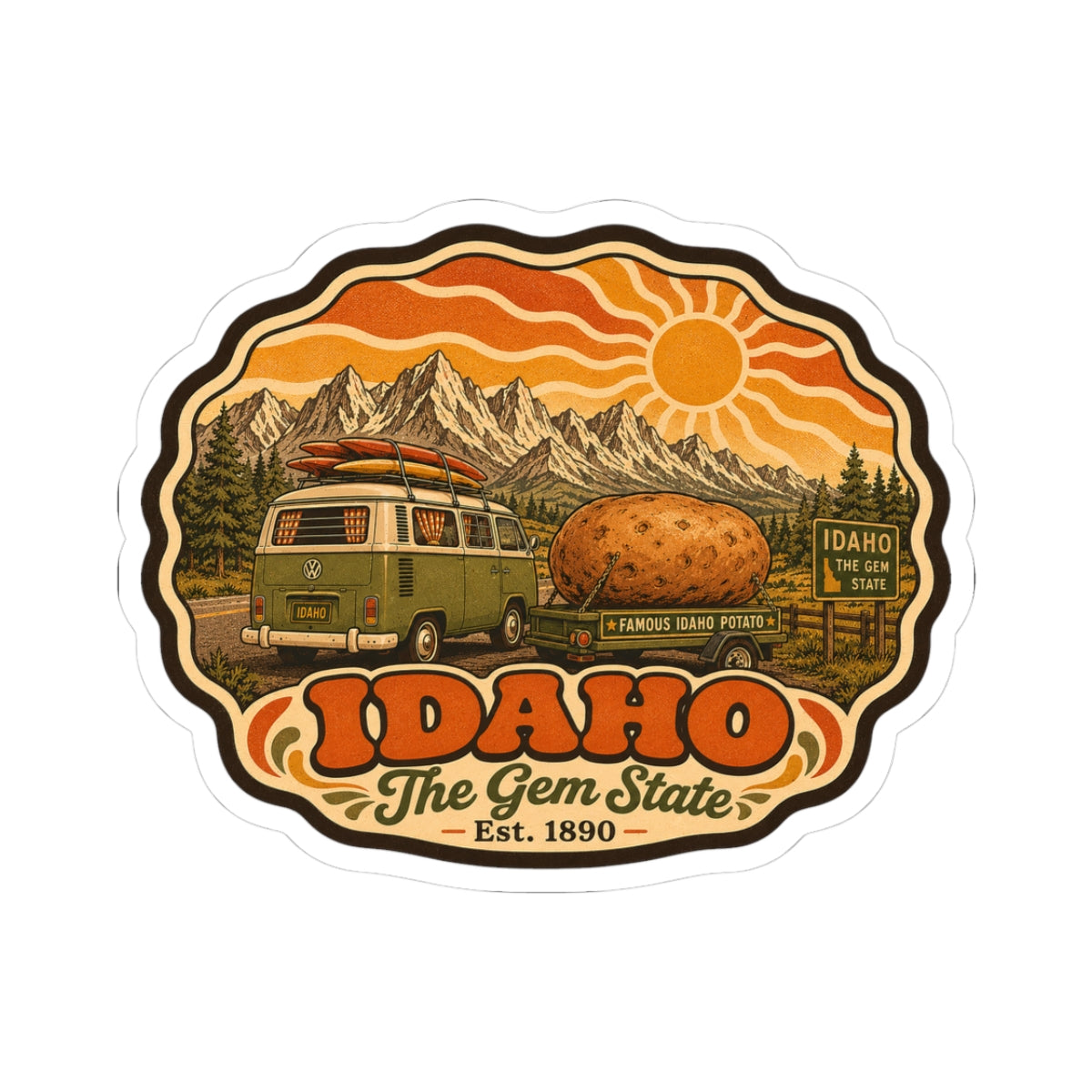 Idaho vintage potato roadtrip sticker with truck, mountains, potato and sun in orange, white border.