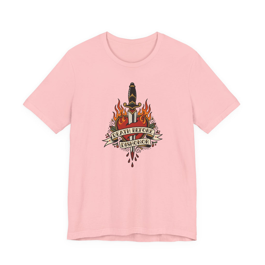 Light pink T-shirt with flaming dagger and banner graphic at center front