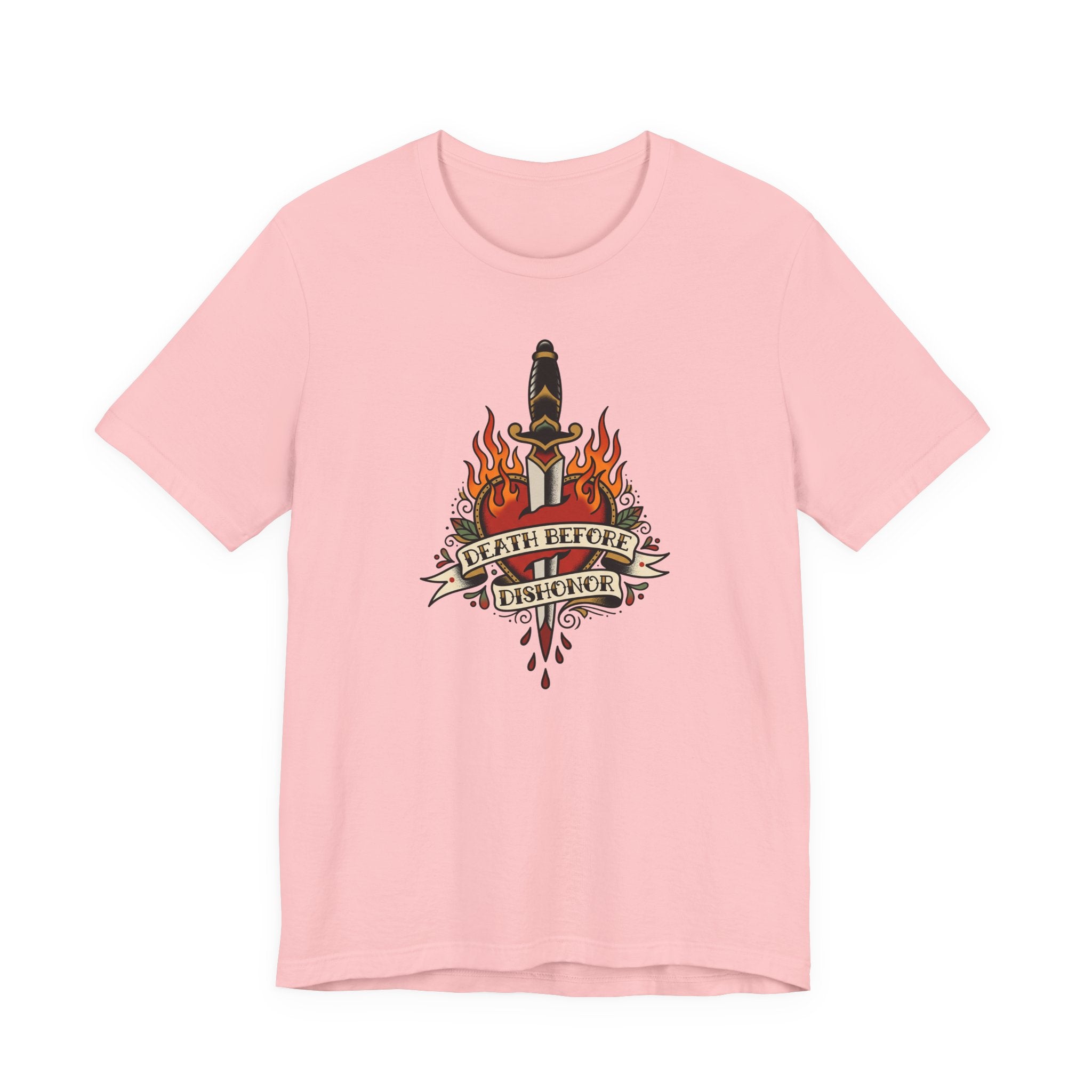 Light pink T-shirt with flaming dagger and banner graphic at center front