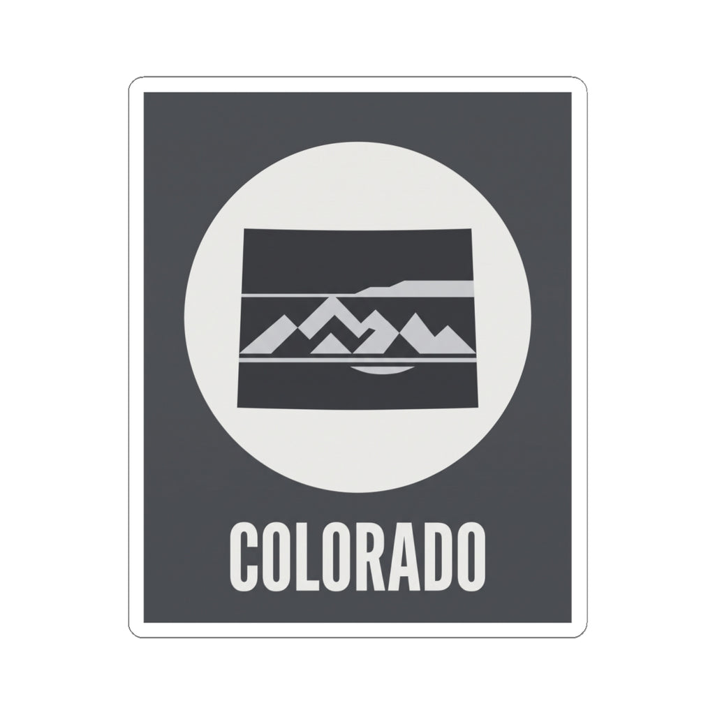 Colorado mountain badge sticker, dark rectangle with white circular emblem and COLORADO lettering