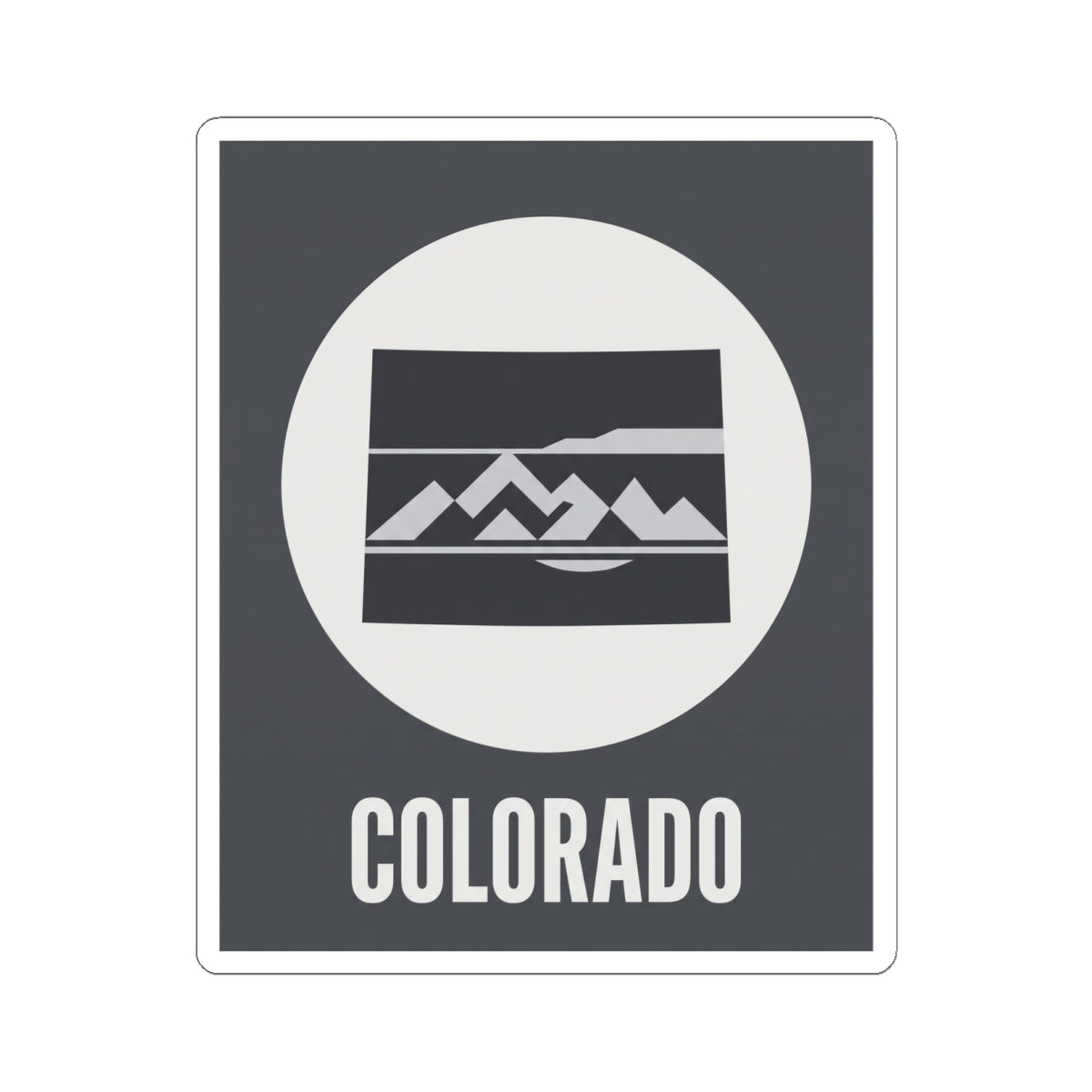 Colorado mountain badge sticker, dark rectangle with white circular emblem and COLORADO lettering