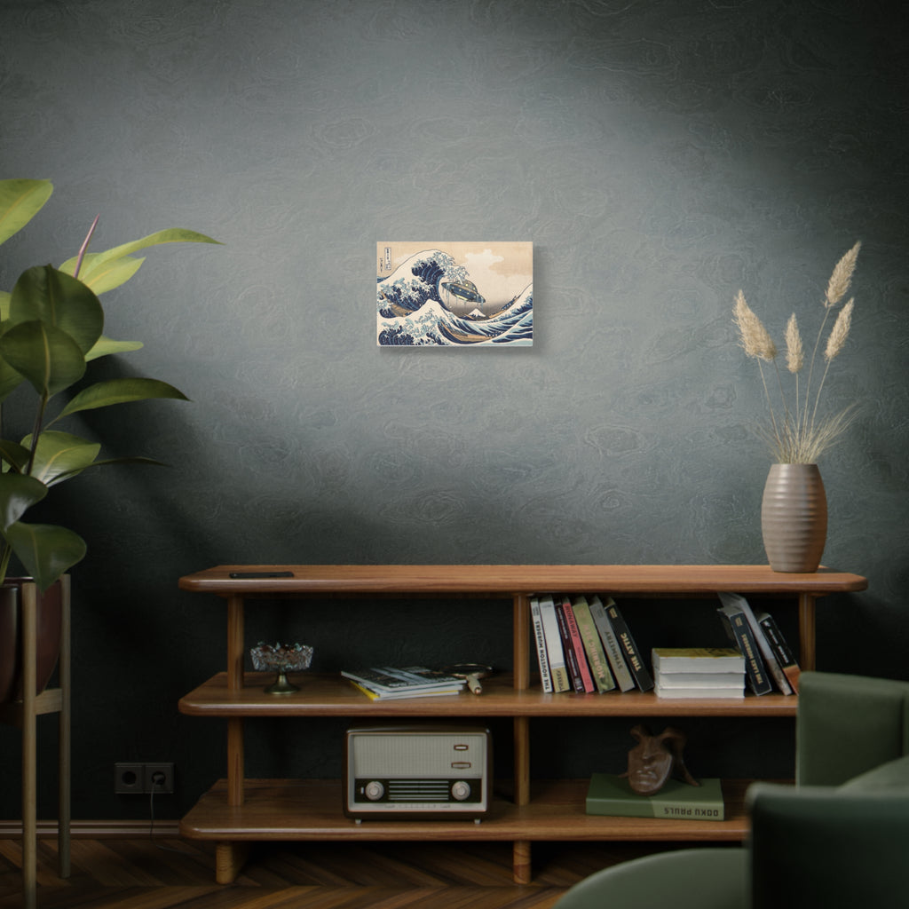 UFO wave print canvas wall art, small size, blue ocean waves and hovering vehicle