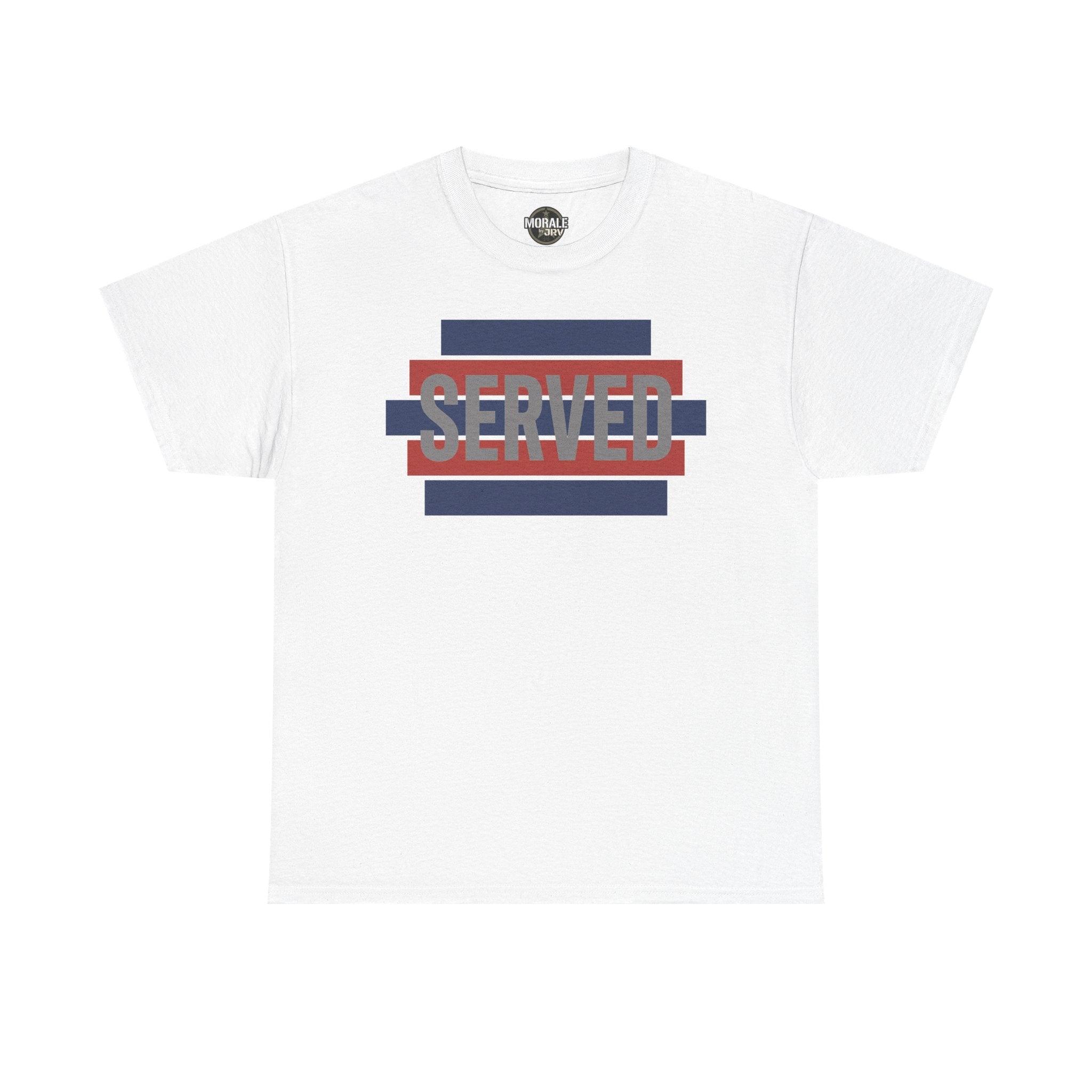 White T-shirt with “SERVED” graphic in red, blue, and navy stripes at center chest