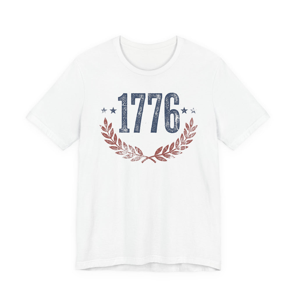 White T-shirt with '1776' laurel wreath graphic and star accents