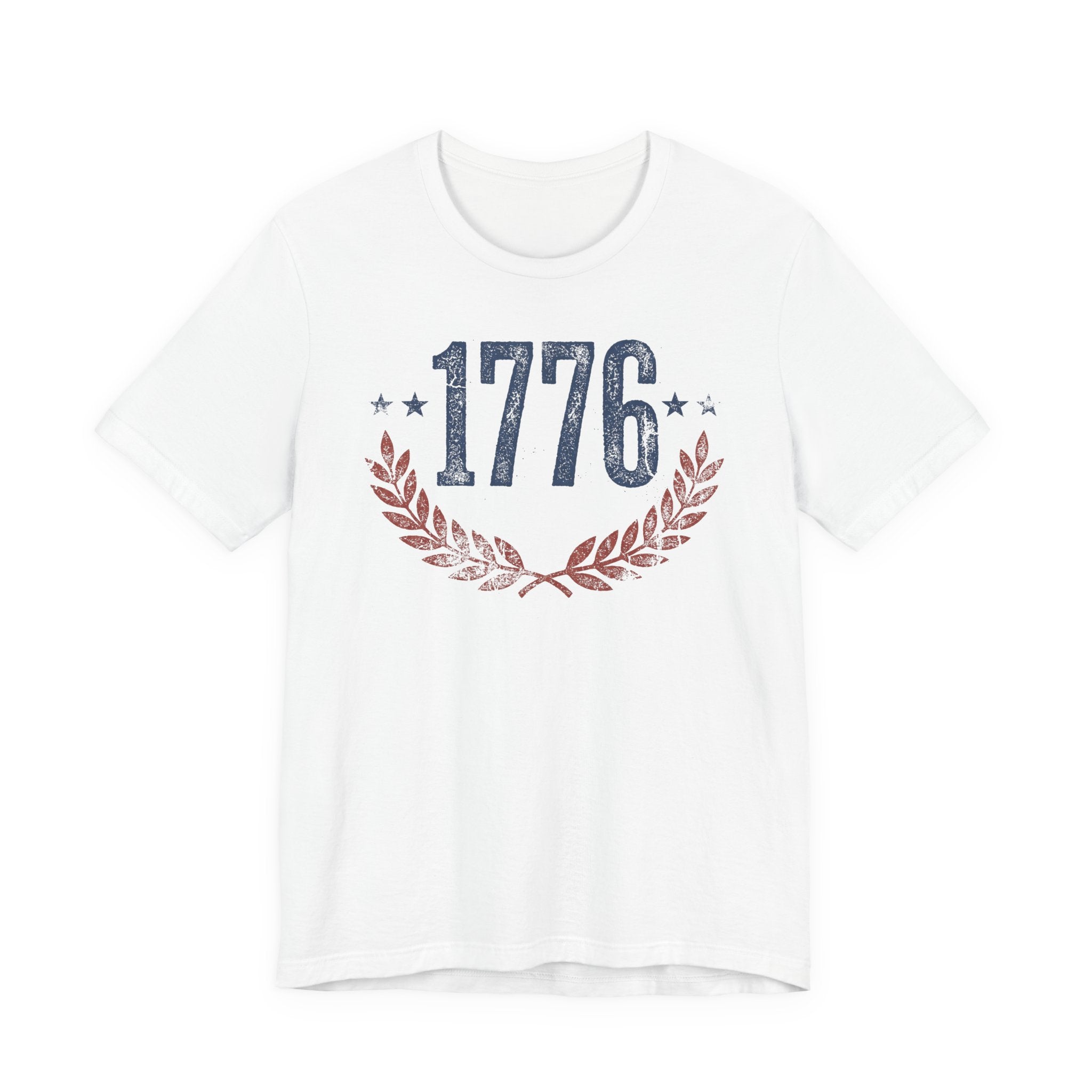 White T-shirt with '1776' laurel wreath graphic and star accents