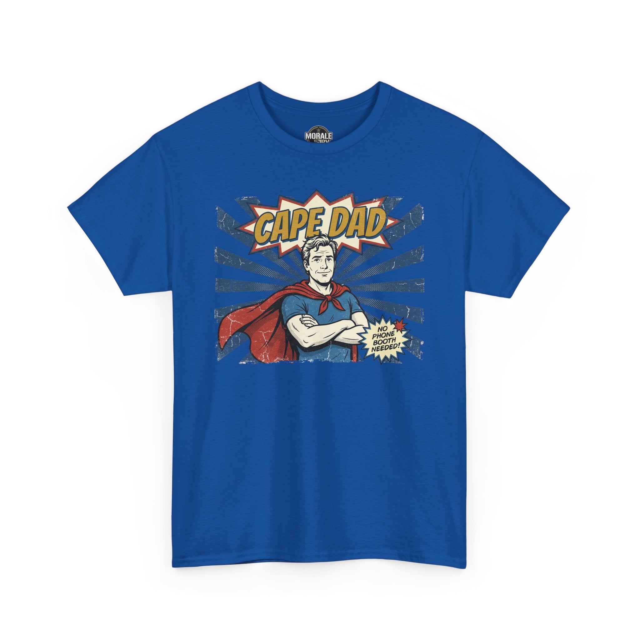 Blaues Cape Dad Comic-Superhelden-T-Shirt mit Frontmotiv