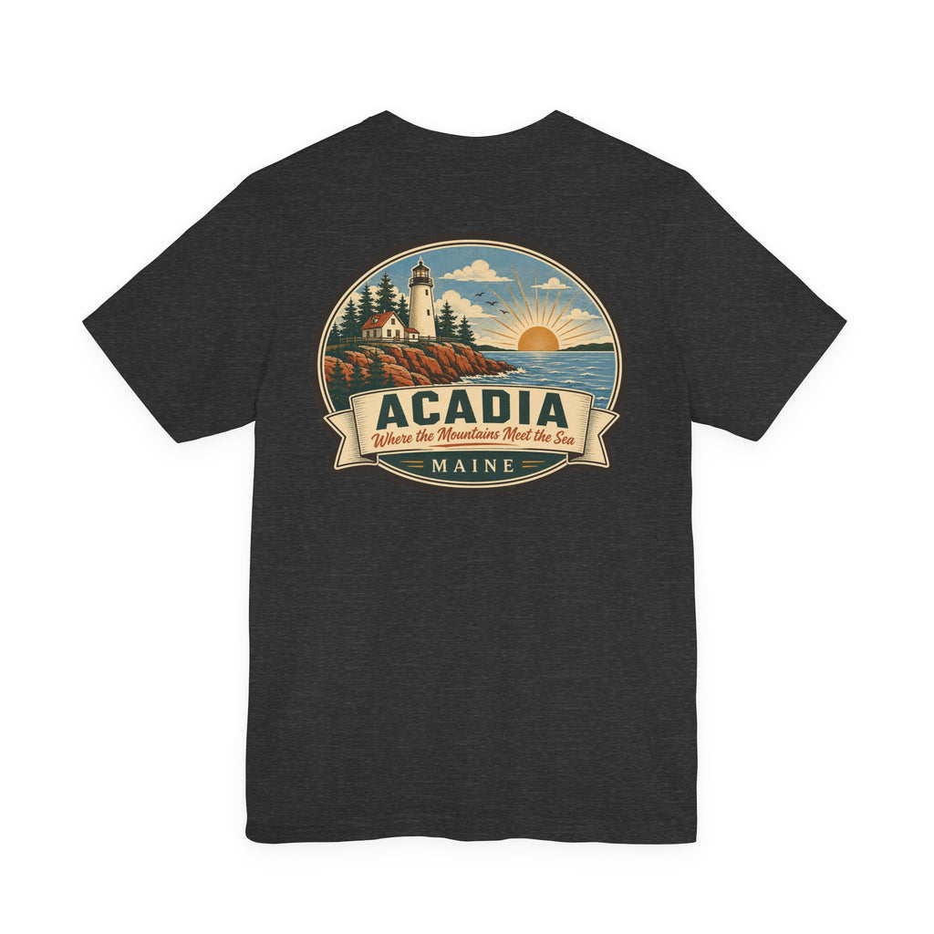 Black Acadia lighthouse graphic t-shirt with large round emblem on chest