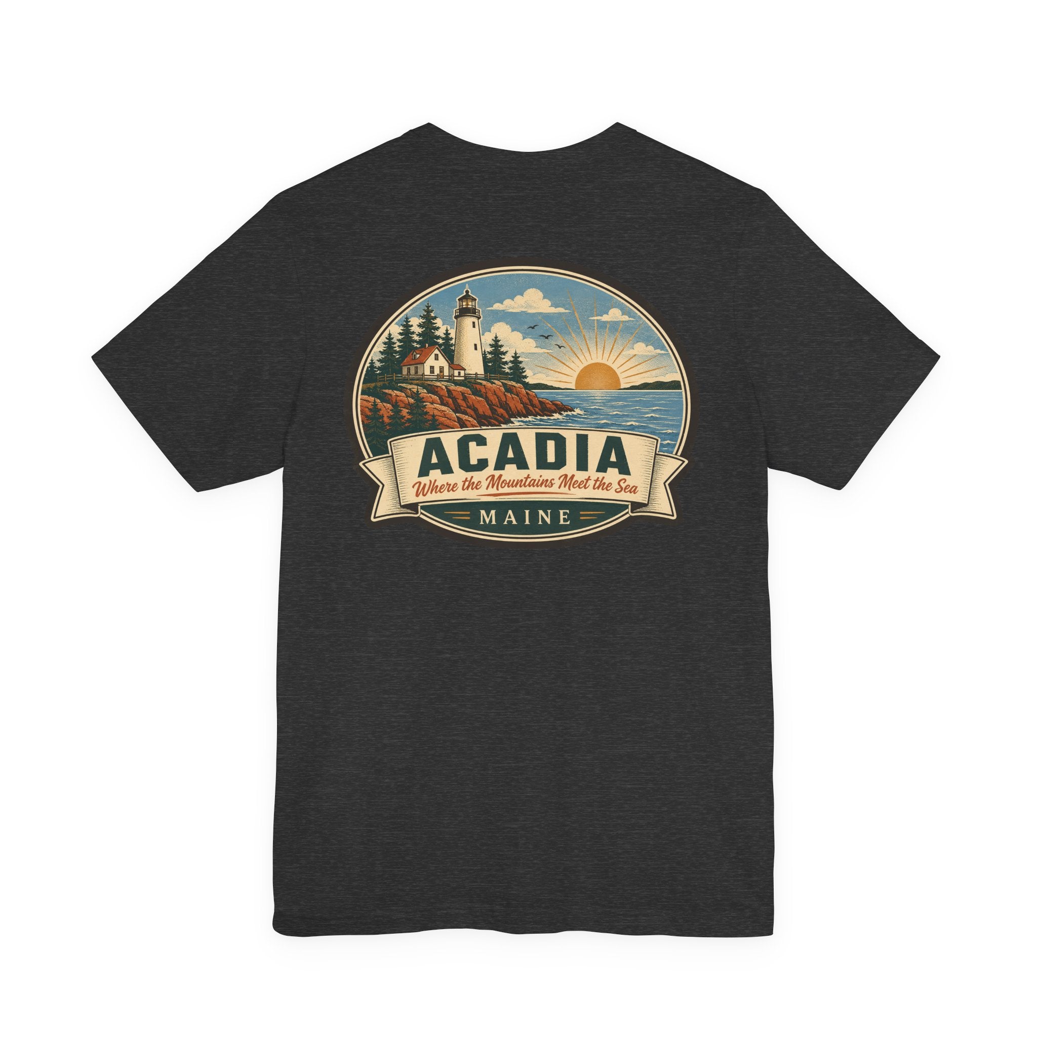 Black Acadia lighthouse graphic t-shirt with large round emblem on chest