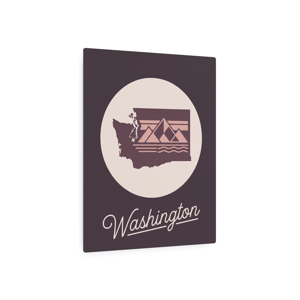Mauve square metal wall art with circular Washington silhouette and script “Washington”