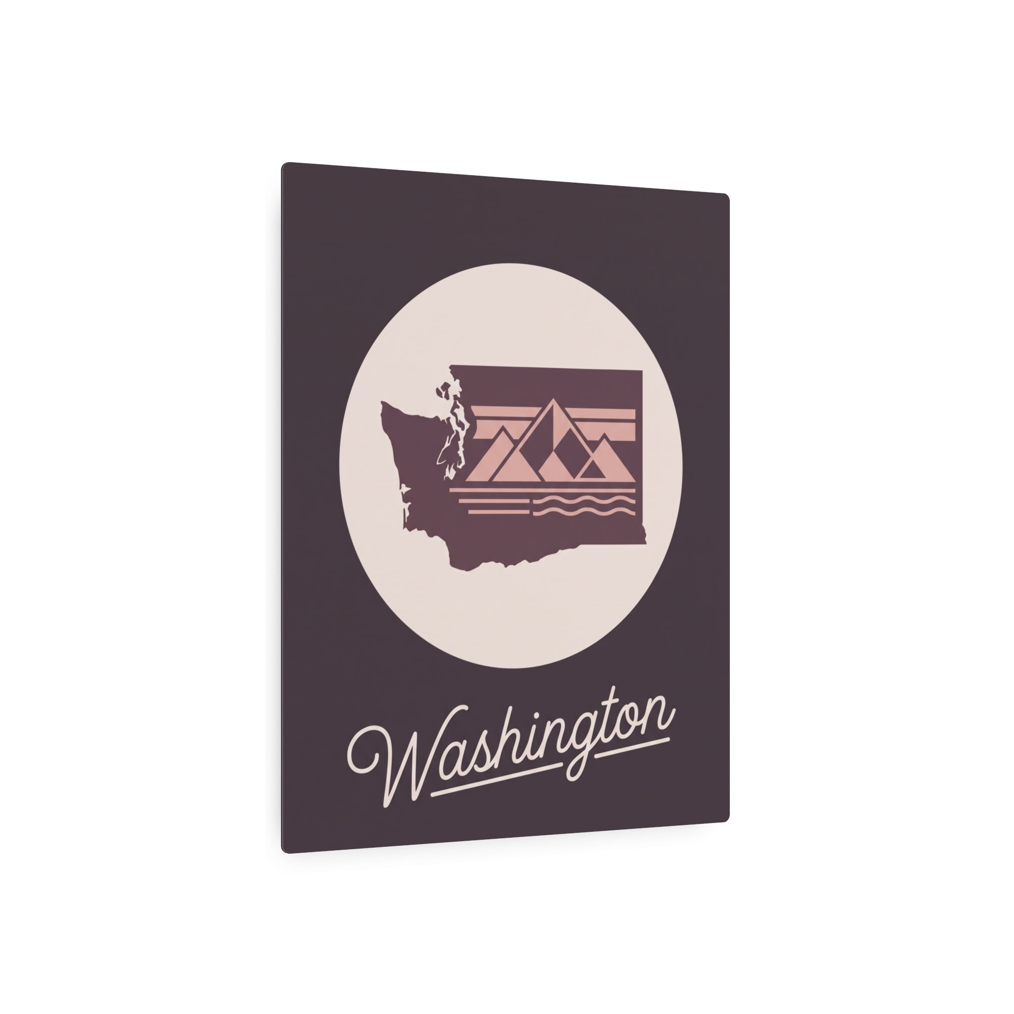 Mauve square metal wall art with circular Washington silhouette and script “Washington”