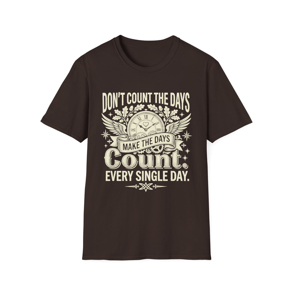 Dark chocolate graphic quote T-shirt with clock and wings: “Make the days count”