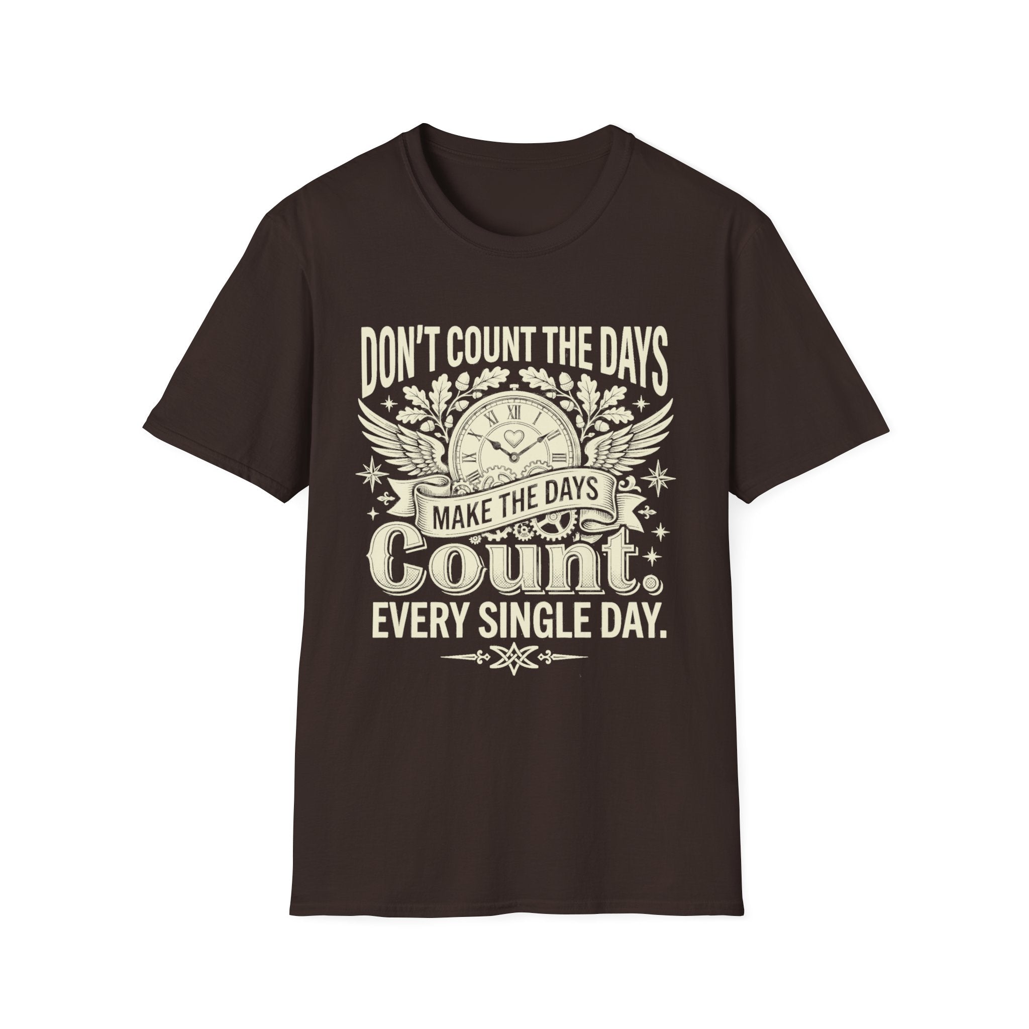 Dark chocolate graphic quote T-shirt with clock and wings: “Make the days count”