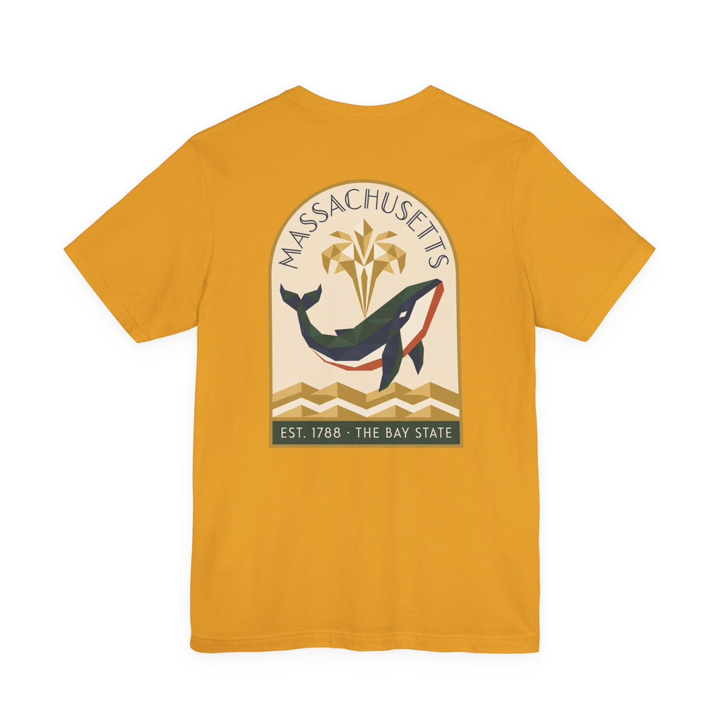 Mustard T-shirt with whale and Massachusetts emblem graphic