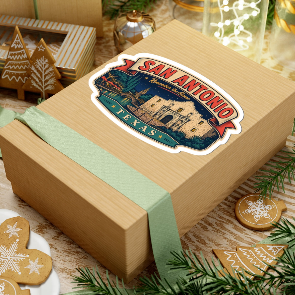 San Antonio luggage tag sticker on a gift box, SAN ANTONIO banner and TEXAS ribbon