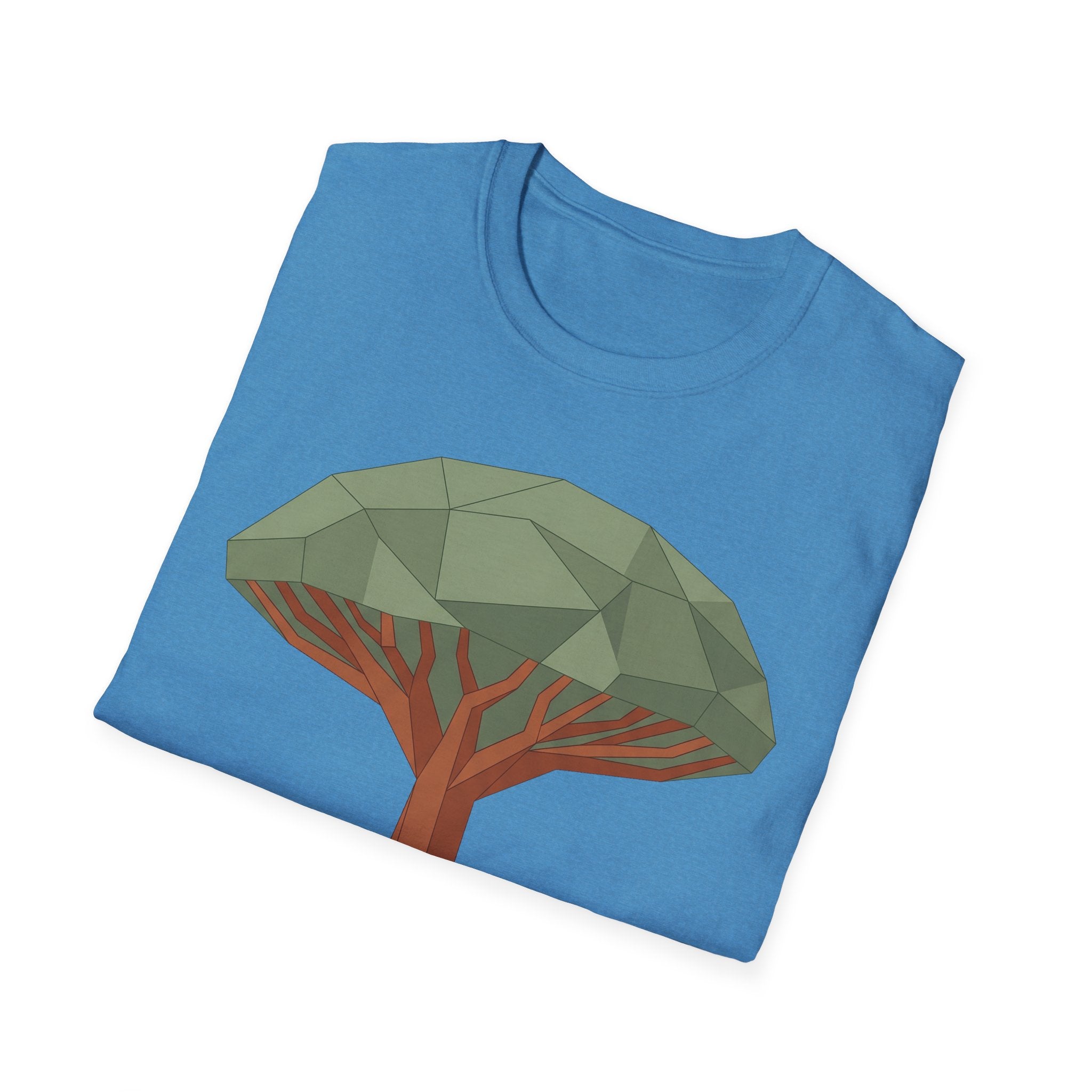 Dragon Blood Tree T-Shirt blue, full geometric tree graphic with red branches