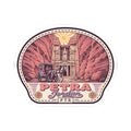 Petra Jordan round sticker with red canyon illustration, temple facade, vintage carriage artwork