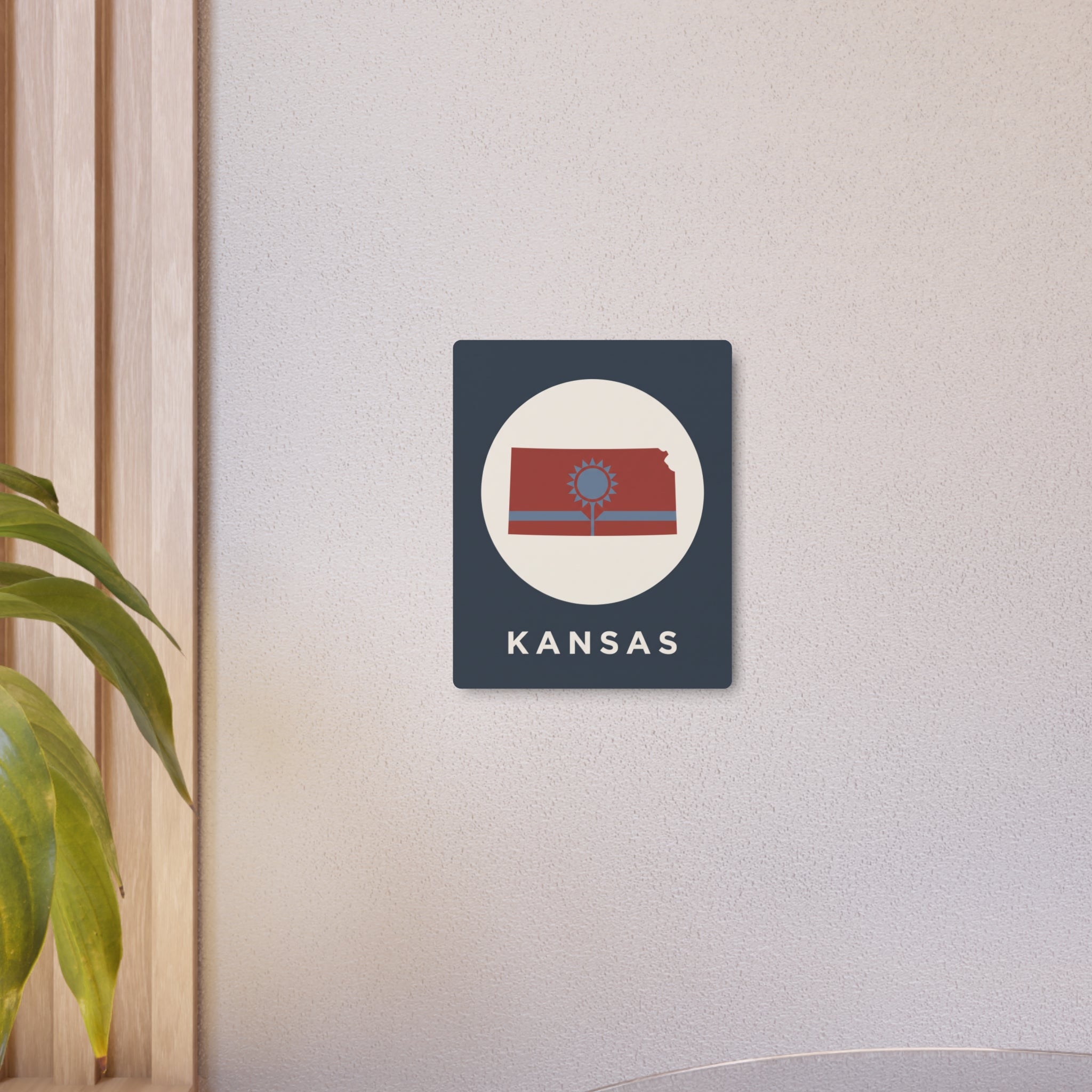 Kansas metal wall sign with circular flag tree graphic and KANSAS text