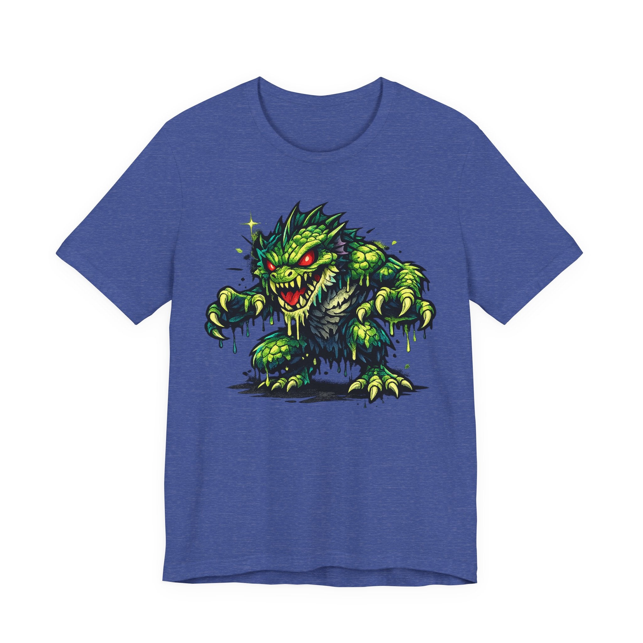 Royal blue T-shirt with green swamp monster illustration graphic on front