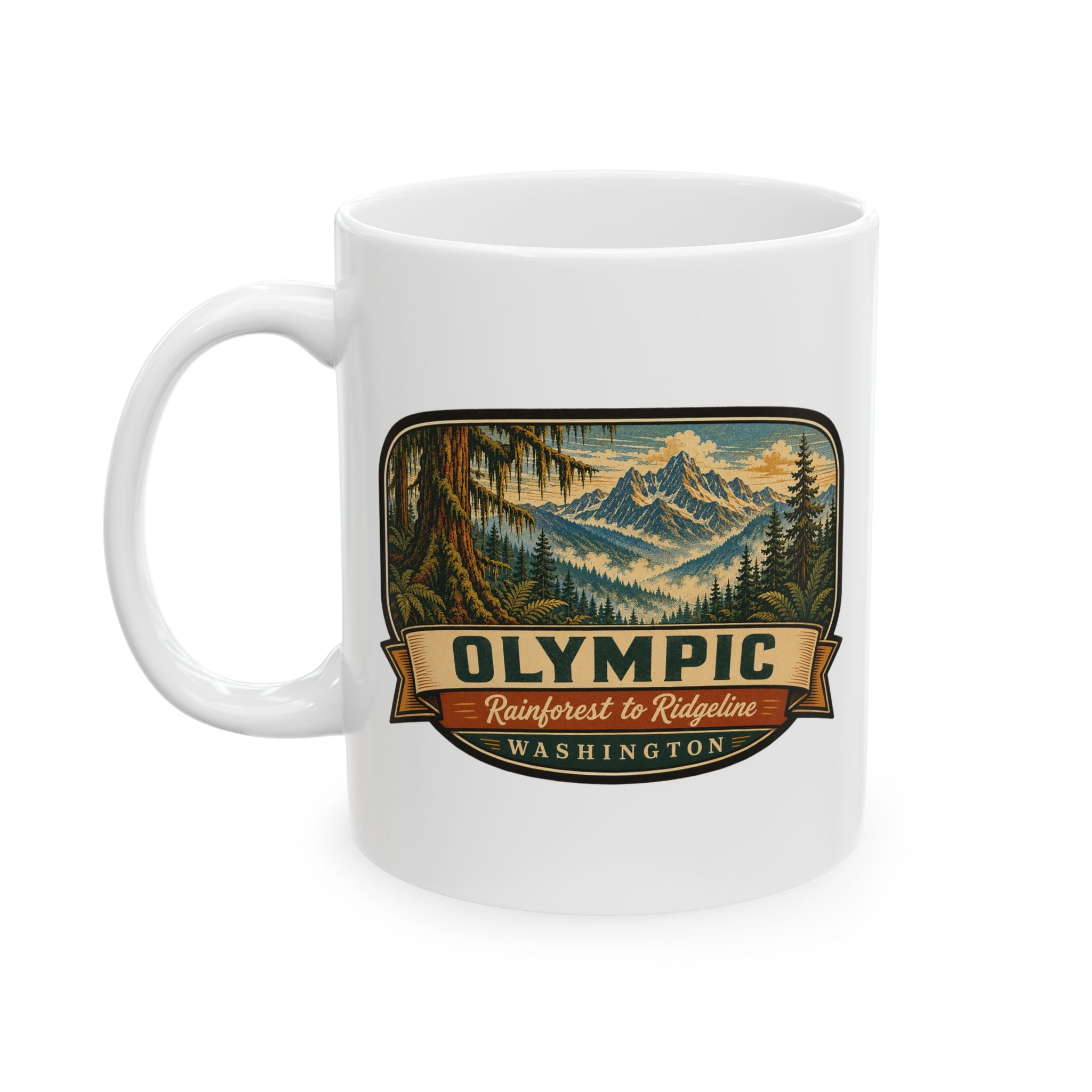 White ceramic mug with Olympic rainforest to ridgeline Washington emblem and handle