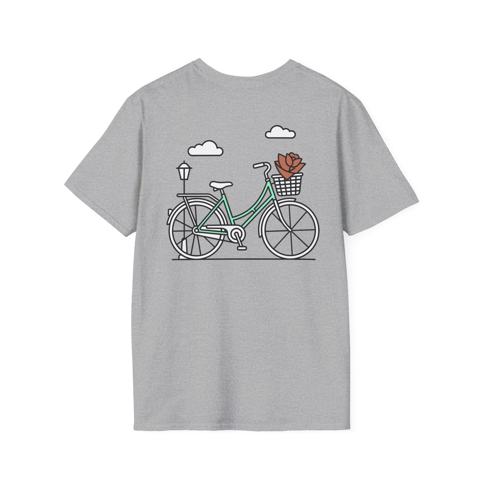 Gray bicycle T-shirt with flower basket bike and clouds, back view