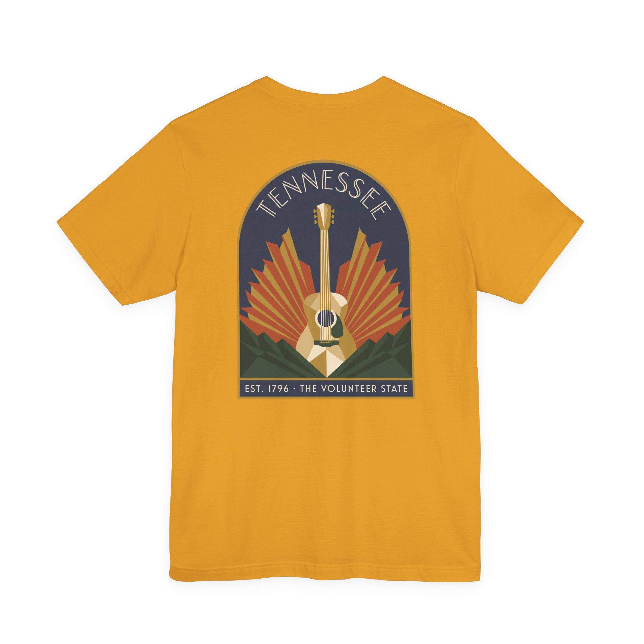 Mustard/gold short-sleeve T-shirt with Tennessee text and guitar in center-back graphic.