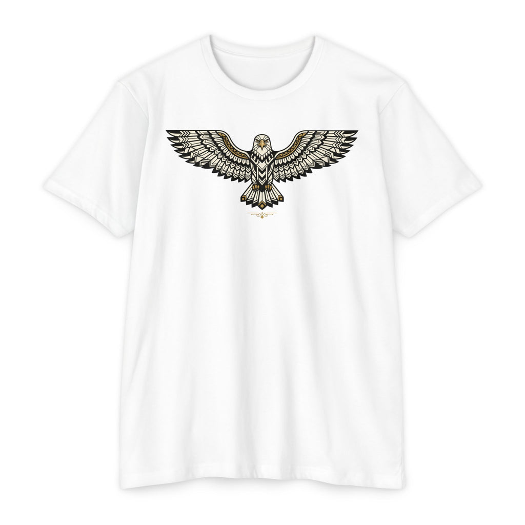 White T-shirt with centered owl wing illustration graphic across the chest