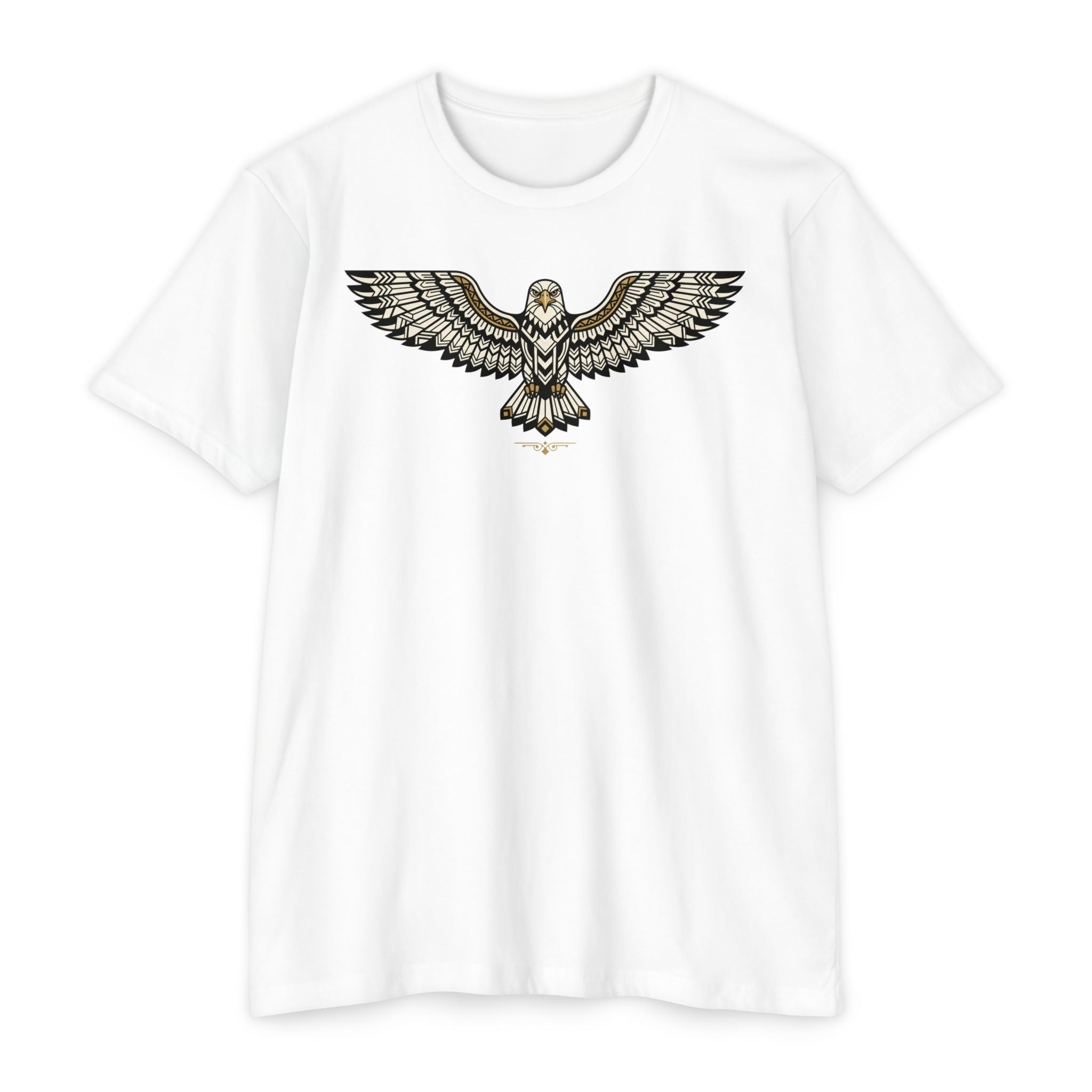 White T-shirt with centered owl wing illustration graphic across the chest