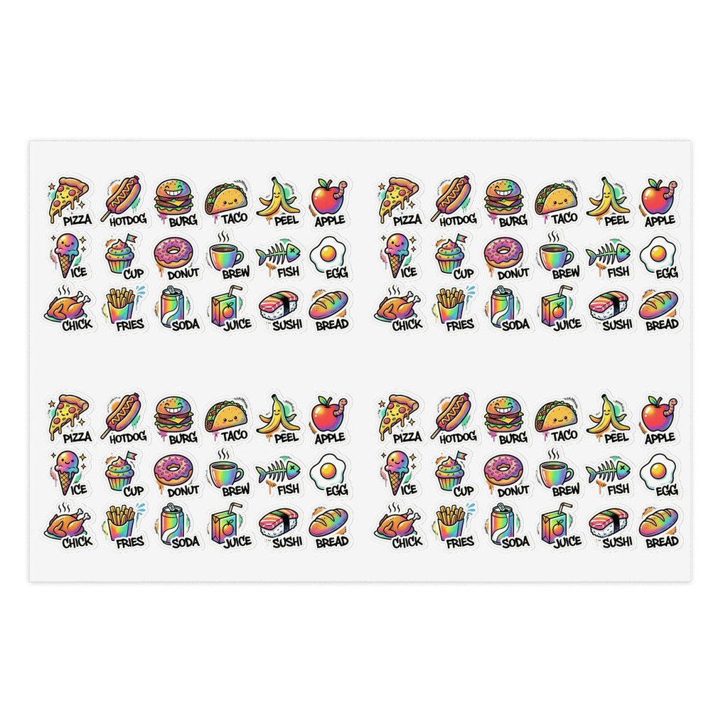 Food icon sticker sheet featuring mini pizza, taco, fruit, donuts, and soda icons