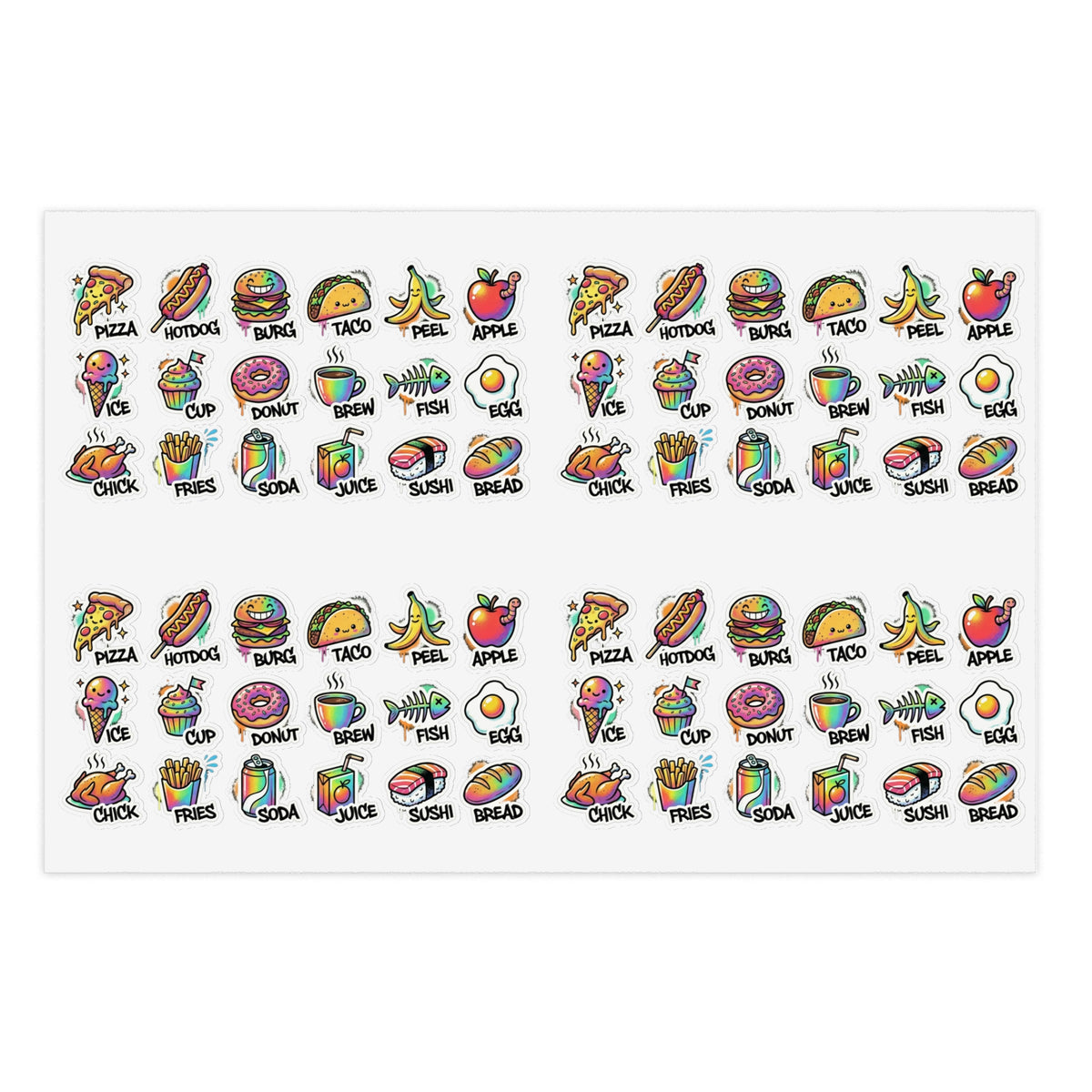 Food icon sticker sheet featuring mini pizza, taco, fruit, donuts, and soda icons