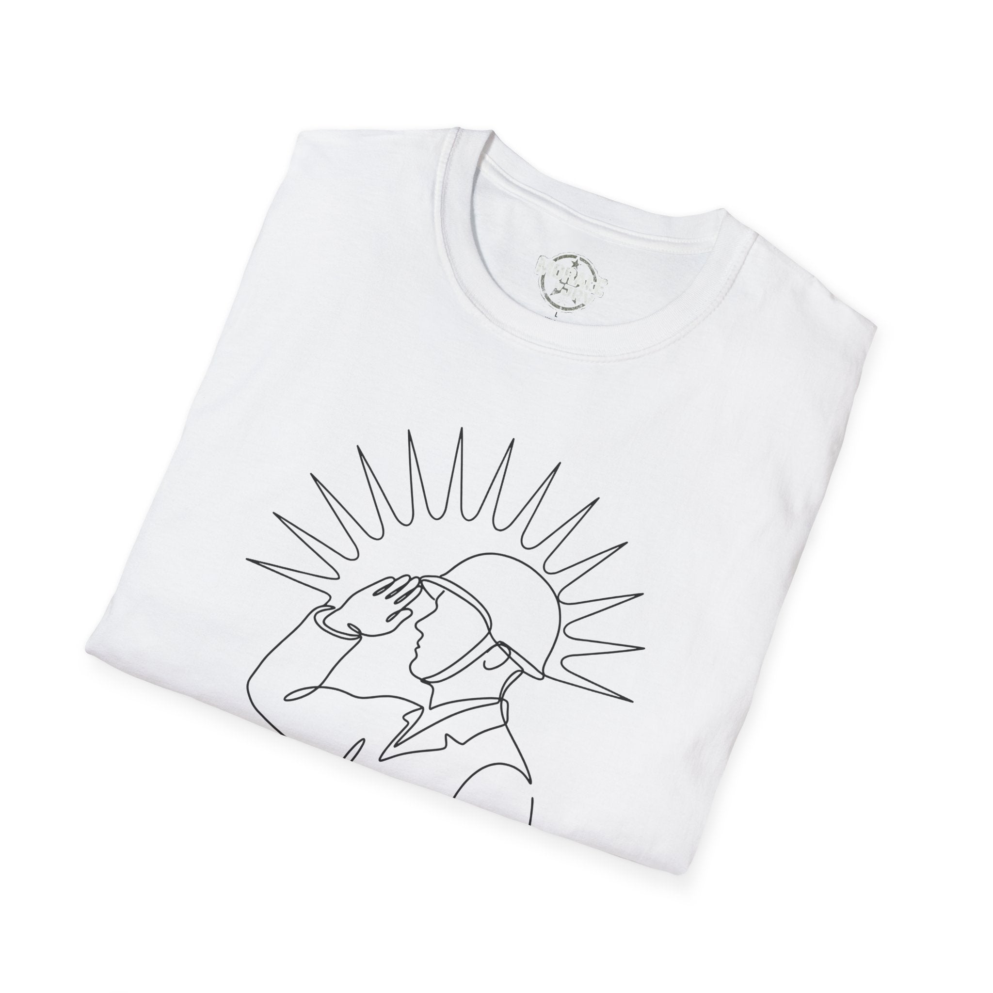 White T-shirt with single-line upward man illustration
