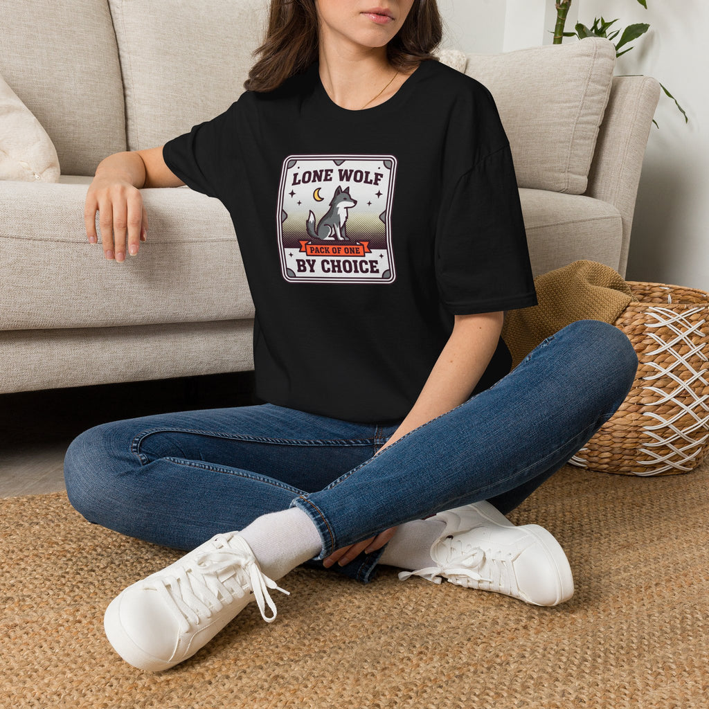 Black crewneck T-shirt with Lone Wolf badge graphic on the front