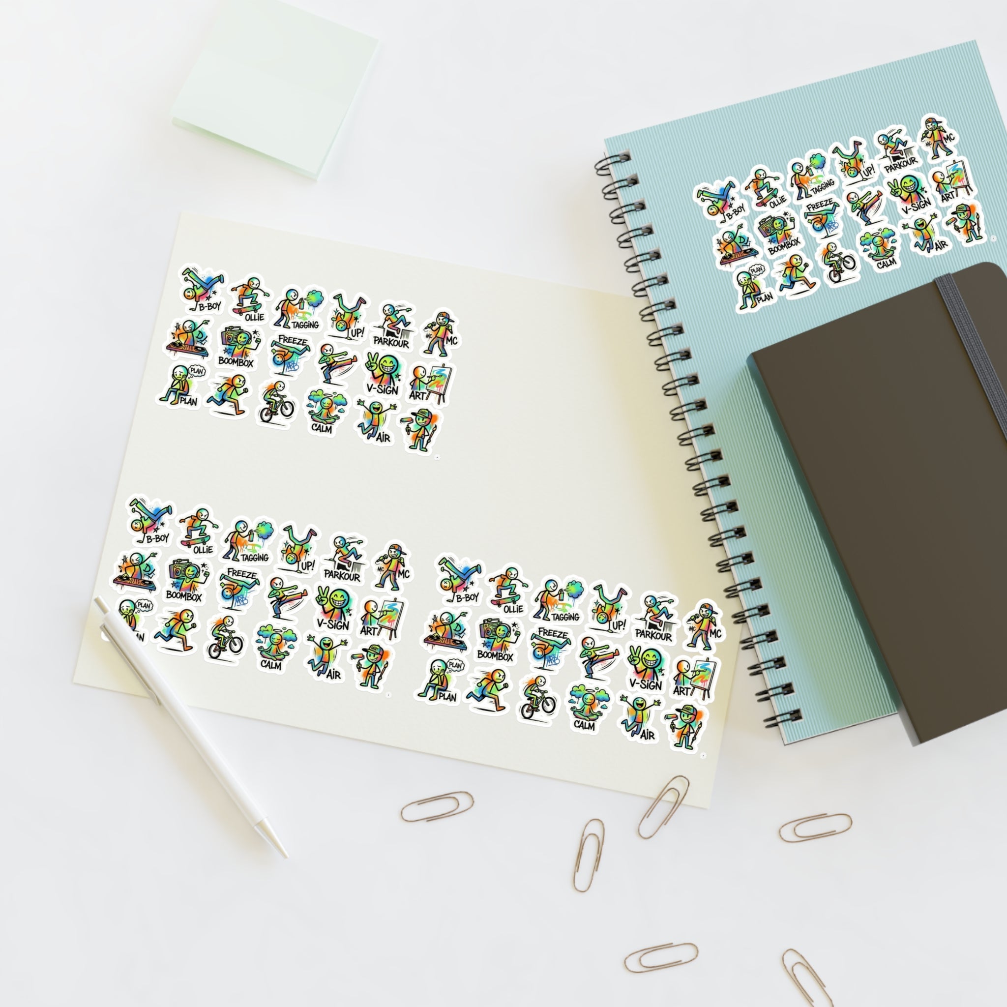 Character daily activity sticker sheet, die-cut icons arranged on a page