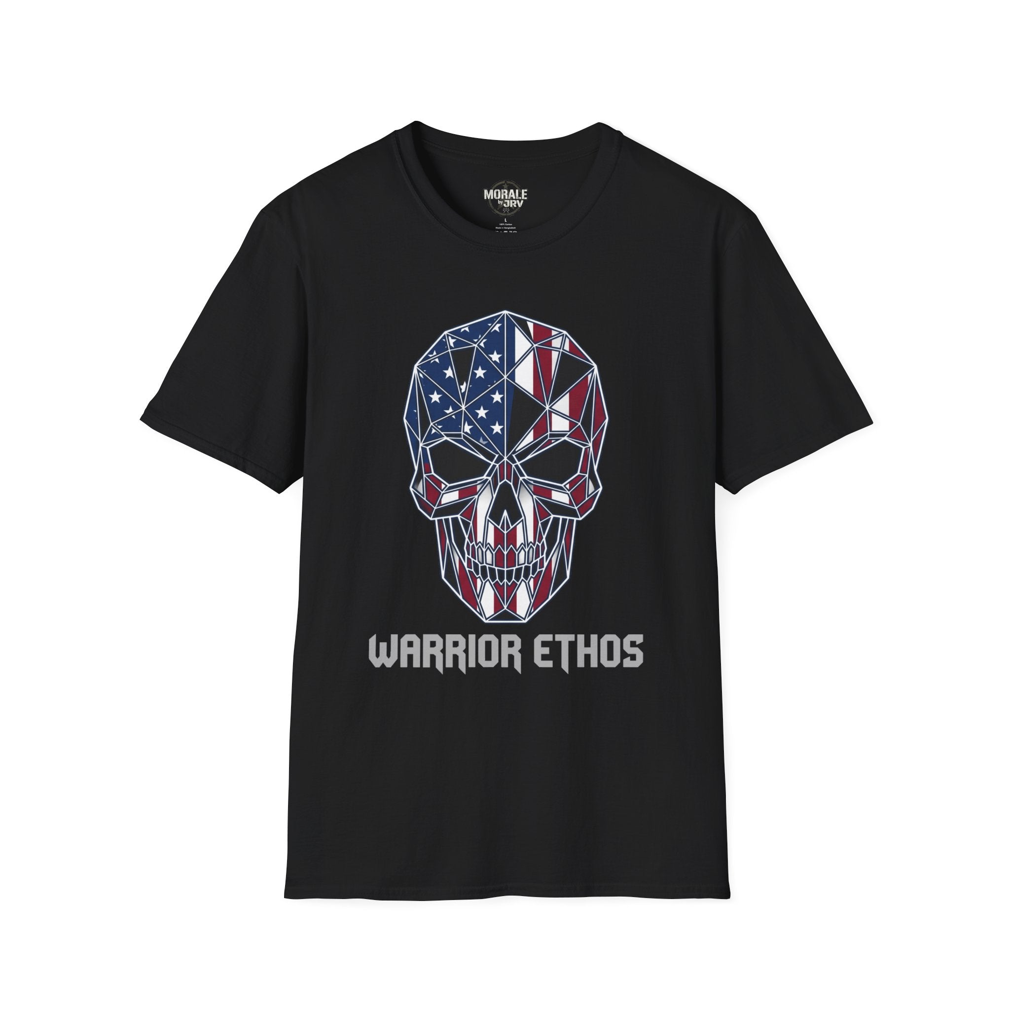 American Flag Skull Warrior Ethos T-Shirt, black with “WARRIOR ETHOS” front graphic