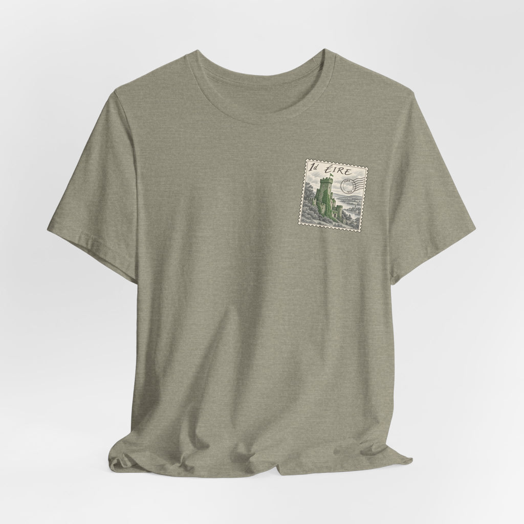 Olive heather T-shirt with small vintage postage stamp graphic on the chest.