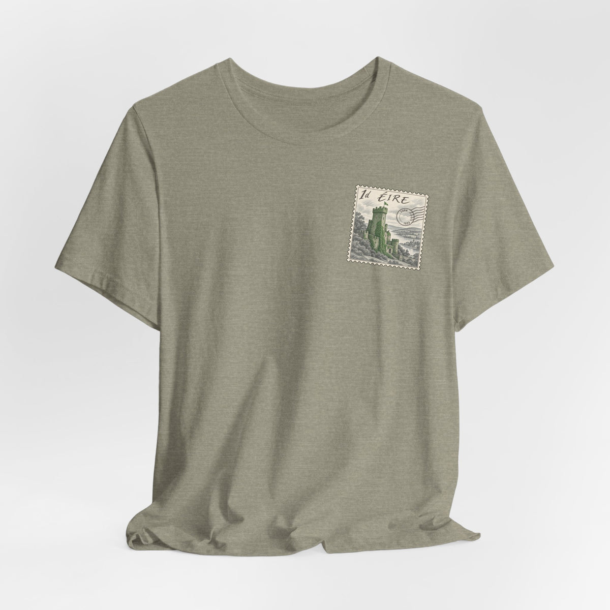 Olive heather T-shirt with small vintage postage stamp graphic on the chest.