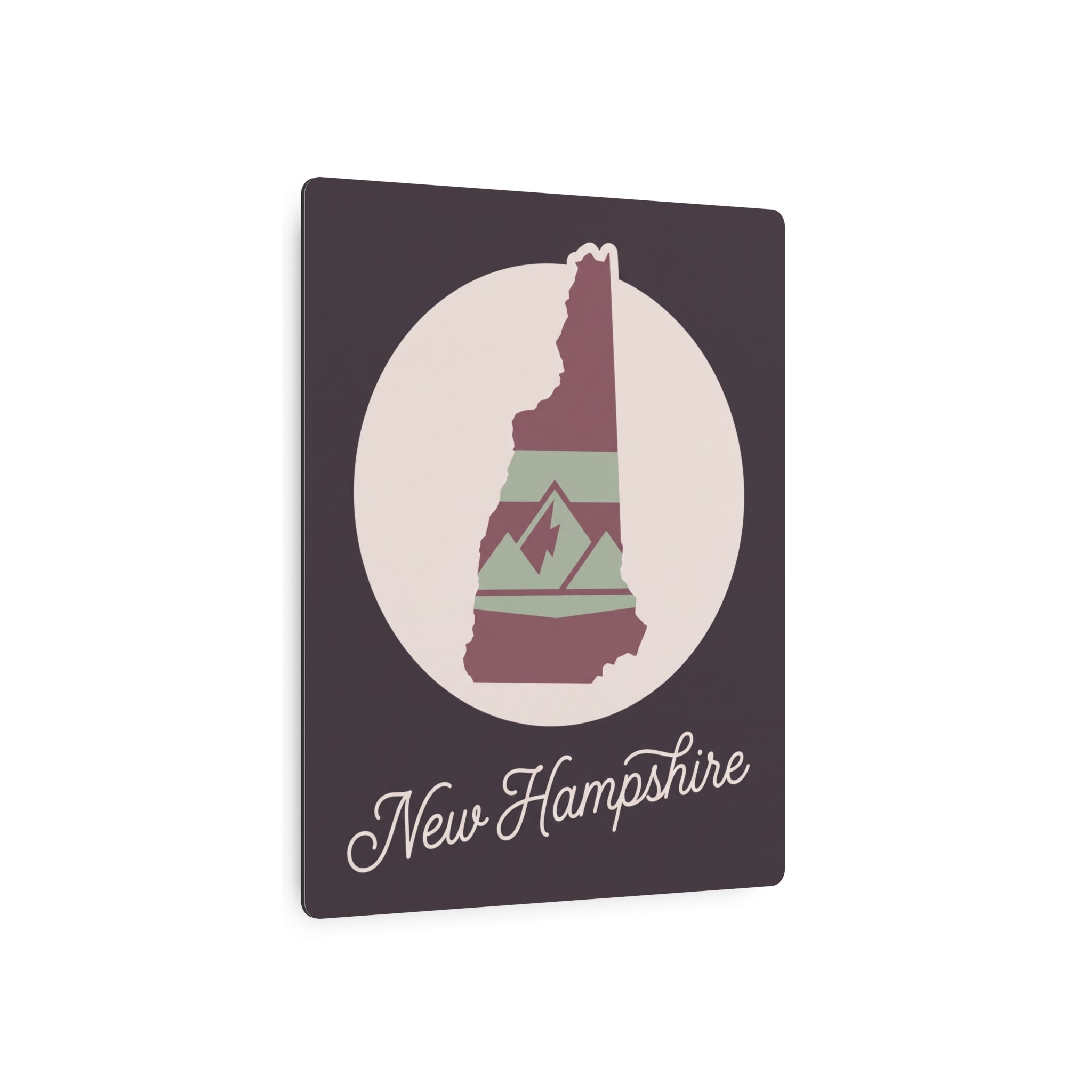 New Hampshire metal wall art sign, circular state graphic and script “New Hampshire”