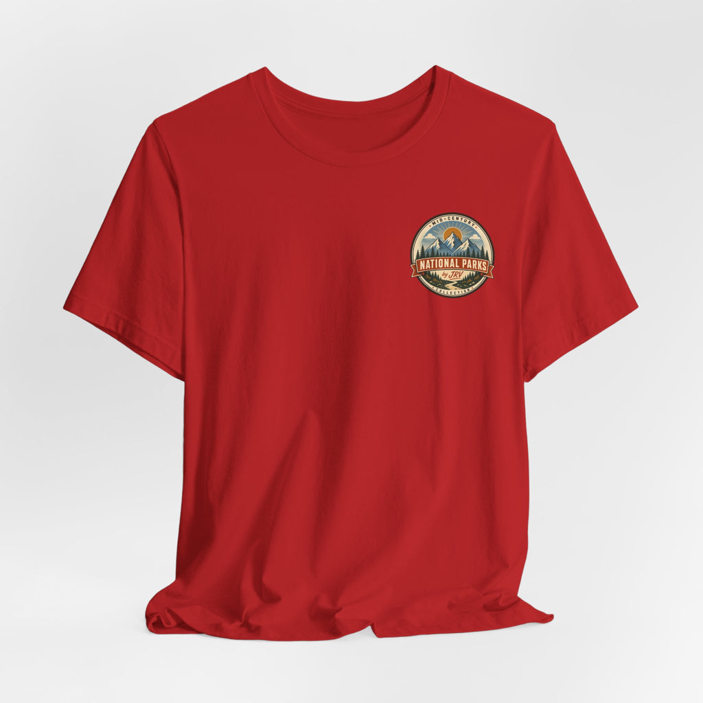 Red T-shirt with small National Park badge graphic on left chest