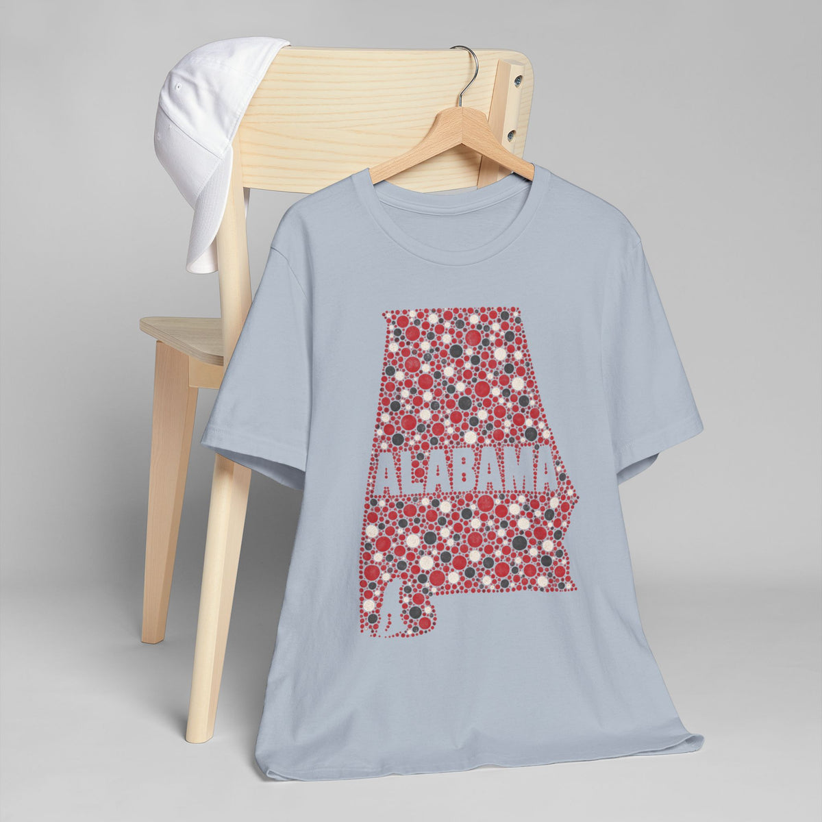 Light blue short-sleeve T-shirt with red floral Alabama state outline graphic