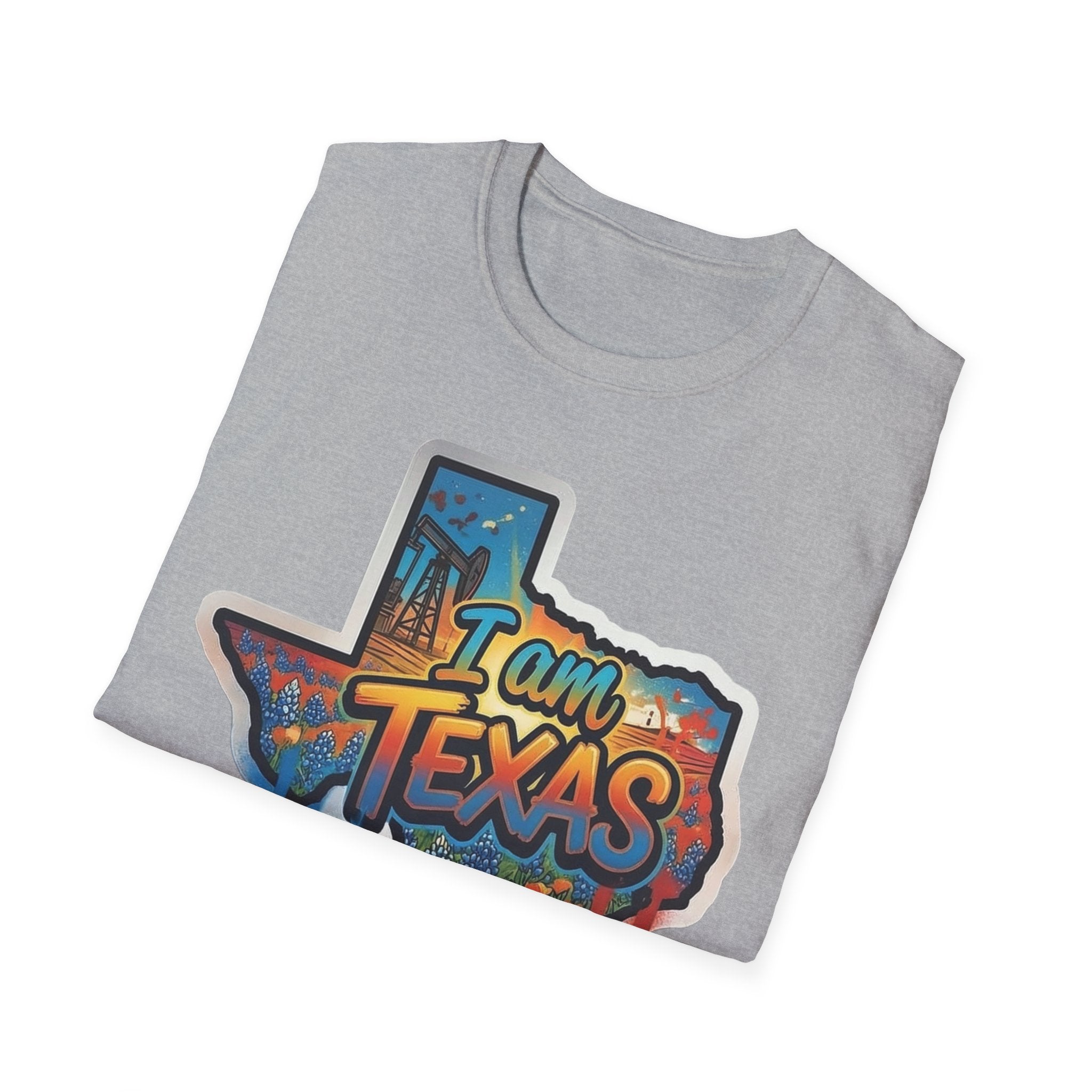 Sport Grey T-shirt with colorful I am Texas outline graphic