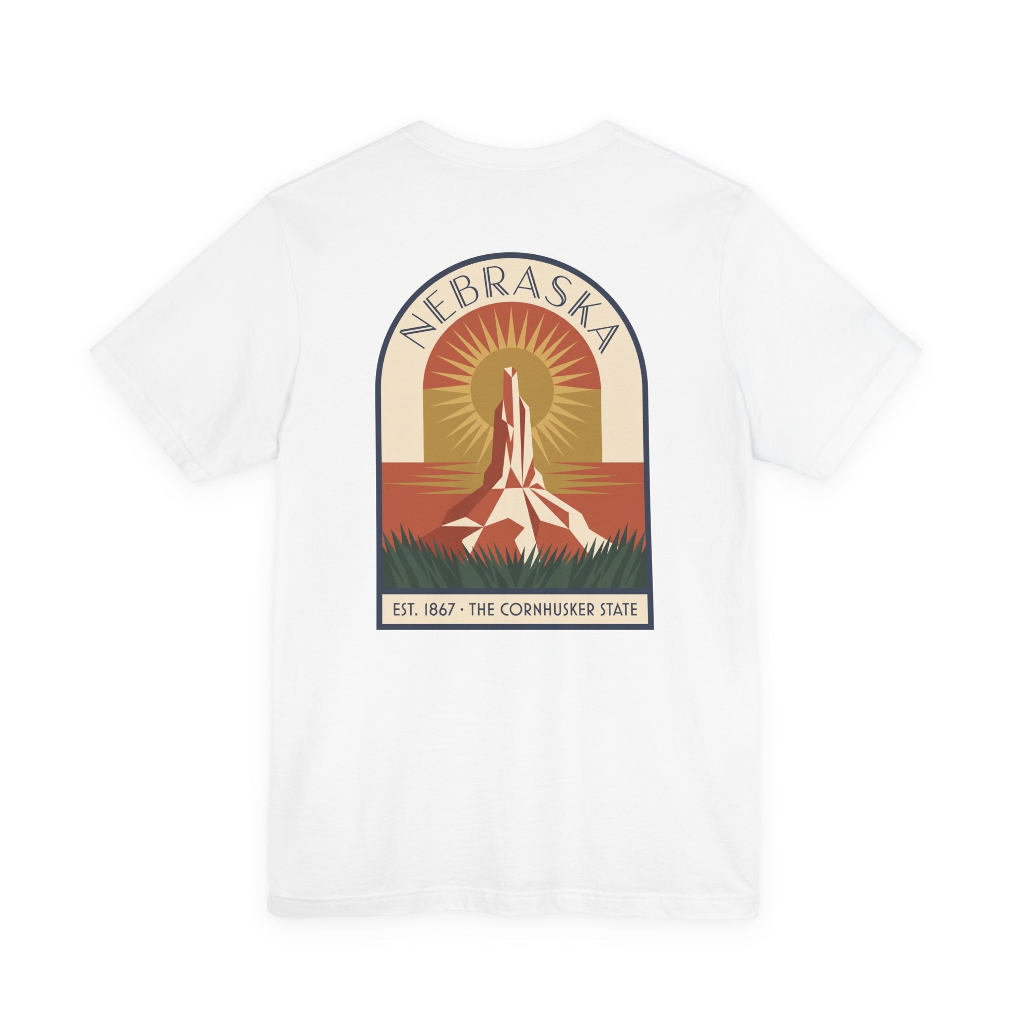 Nebraska art deco T-shirt, white with Cornhusker sunrise graphic